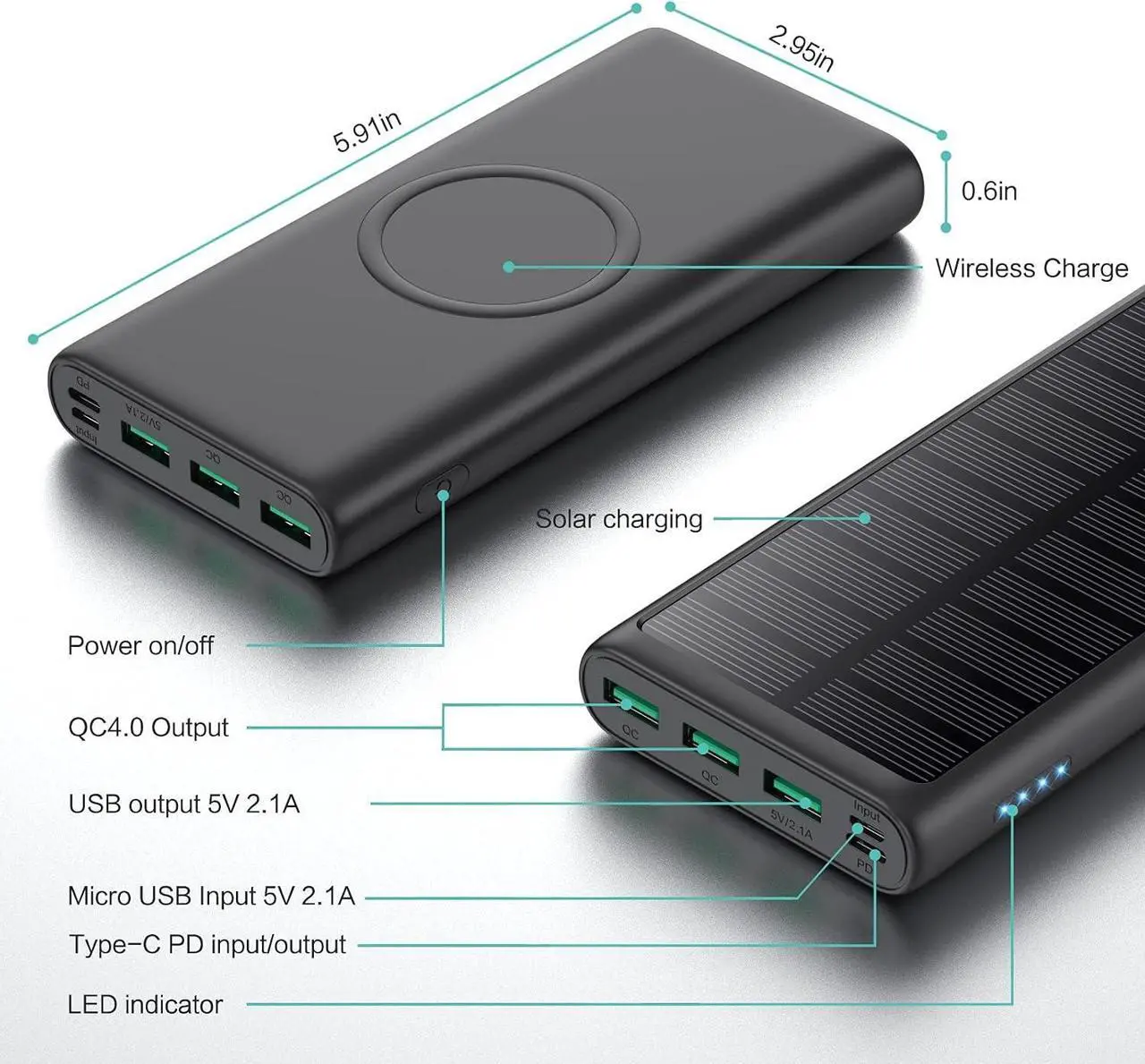 Alt view image 5 of 6 - 5 in 1 Wireless Portable Charger Power Bank,36800mAh 5 Output Dual QC4.0 25W PD USB C Battery Pack,15W Wireless Fast Charging,IP65 Solar Charger Compatible with iPhone14,13,12 Series,Samsung,iPad etc