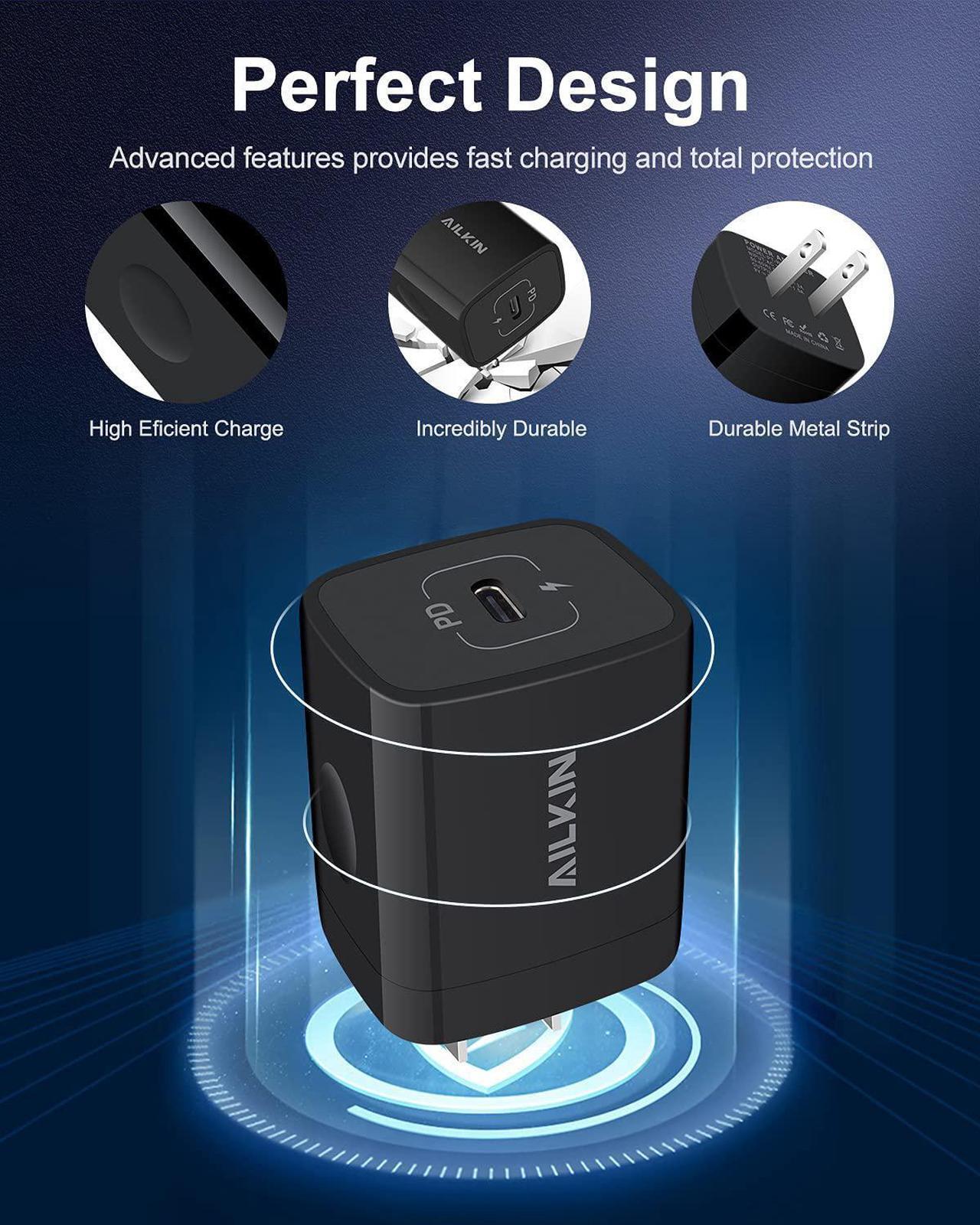 Alt view image 3 of 7 - 20W PD USB C Wall Charger Adapter [60W/6FT] USB Type C to USB-C Cable, Fast Charging 3.0 Block Plug Cube Brick Box, Android USBC to C Phone Power Charger Cord for Samsung Galaxy Google Pixel iPhone 15