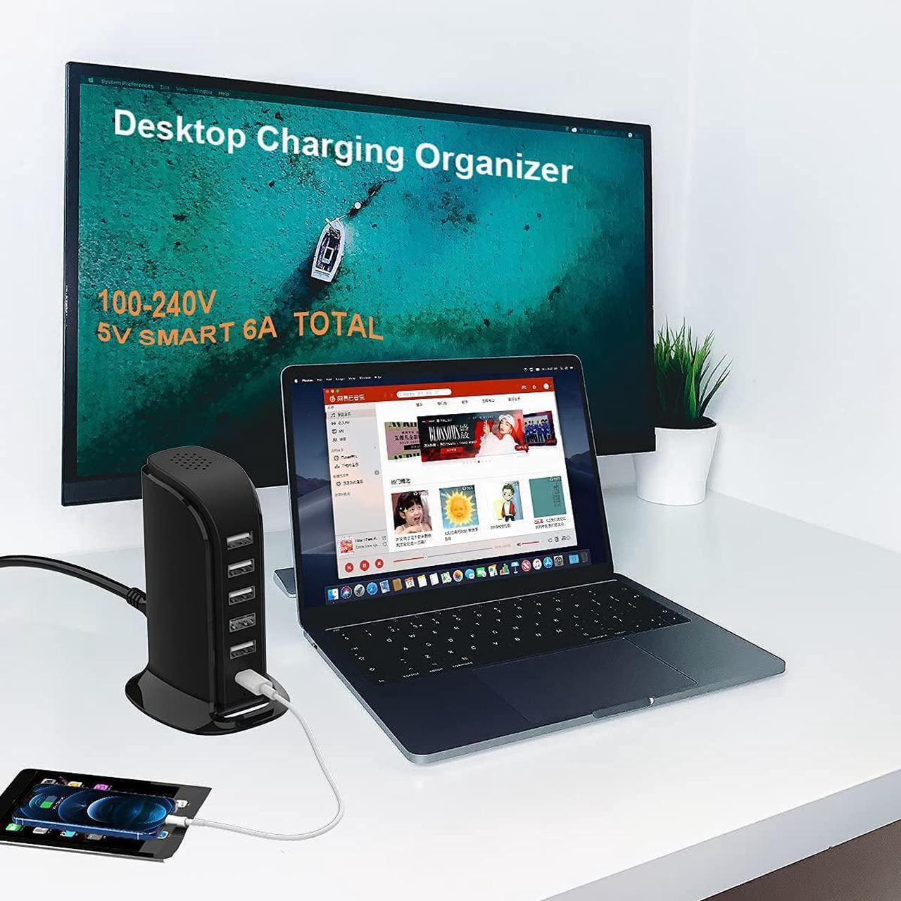 Alt view image 4 of 6 - Charger Block 6 in 1 Upoy, 40W USB C Charger 3A, Charging Hub with 5 USB Ports(Shared 6A) for Multiple Electronics, USB Charging Station Multiports, Universal Desktop Phone Charger Travel Ready, Black