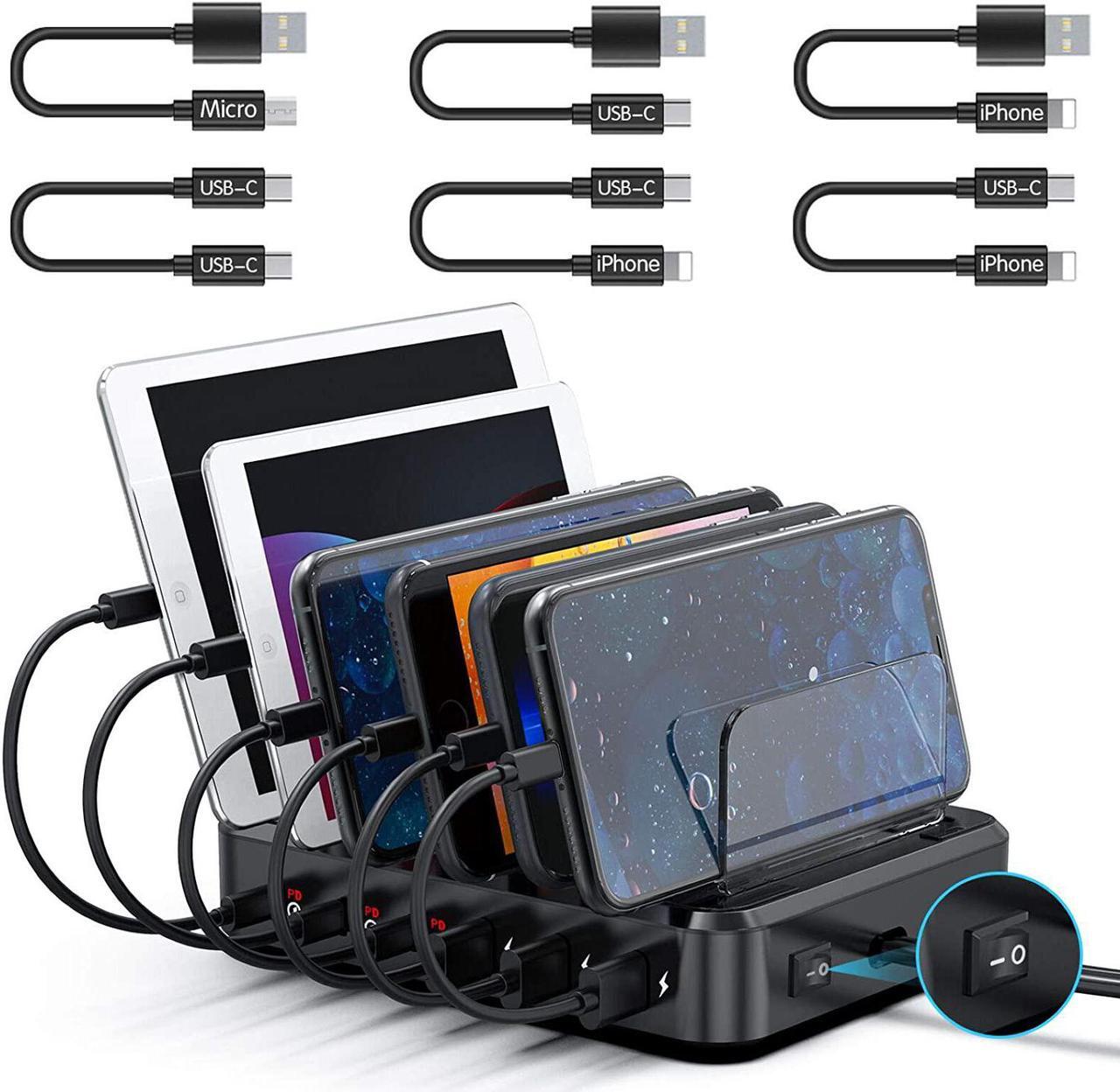 Main image of PD USB-C Charging Station, COSOOS 81W 6-Port USB Charging Station for Multiple Devices with 3 PD 20W USB-C Charger & 6 Mixed Short Cables, Fast Multi USB Charger Station