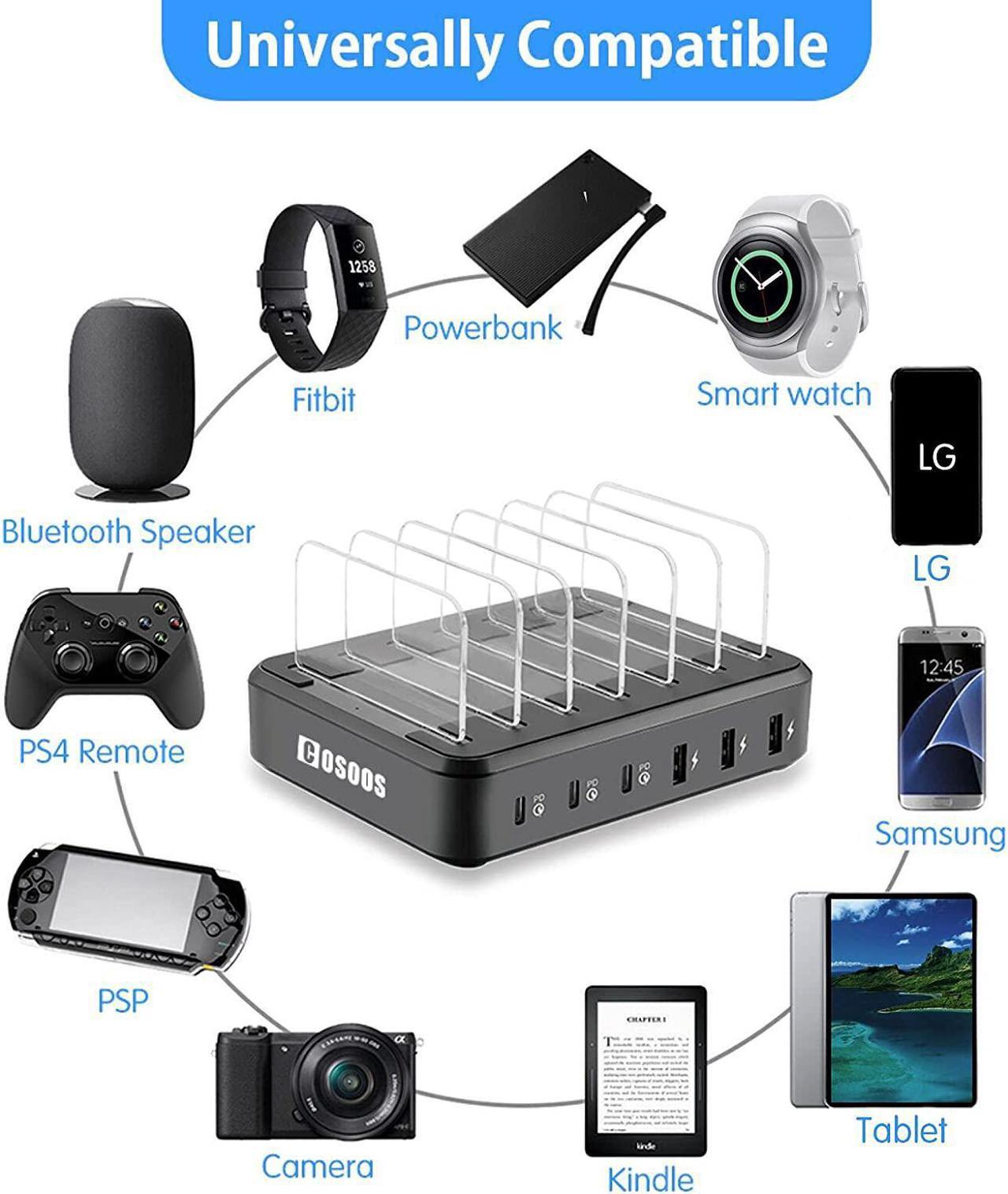 Alt view image 3 of 7 - PD USB-C Charging Station, COSOOS 81W 6-Port USB Charging Station for Multiple Devices with 3 PD 20W USB-C Charger & 6 Mixed Short Cables, Fast Multi USB Charger Station