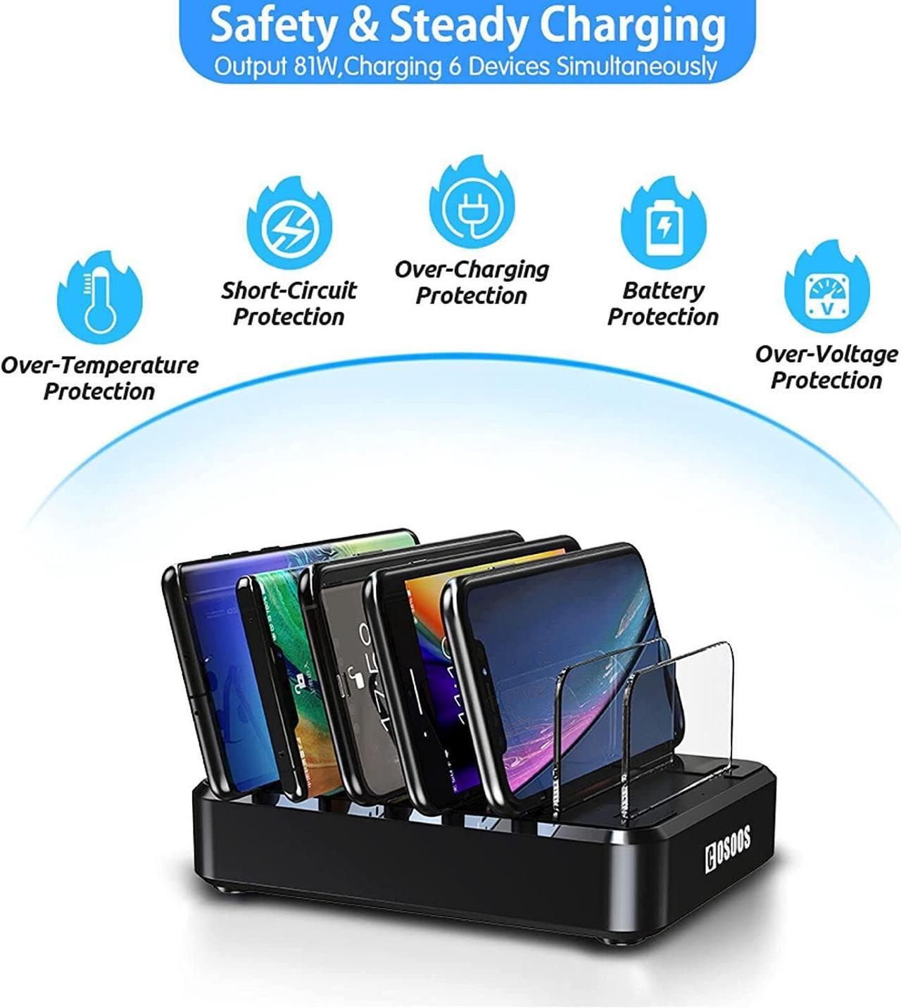 Alt view image 5 of 7 - PD USB-C Charging Station, COSOOS 81W 6-Port USB Charging Station for Multiple Devices with 3 PD 20W USB-C Charger & 6 Mixed Short Cables, Fast Multi USB Charger Station