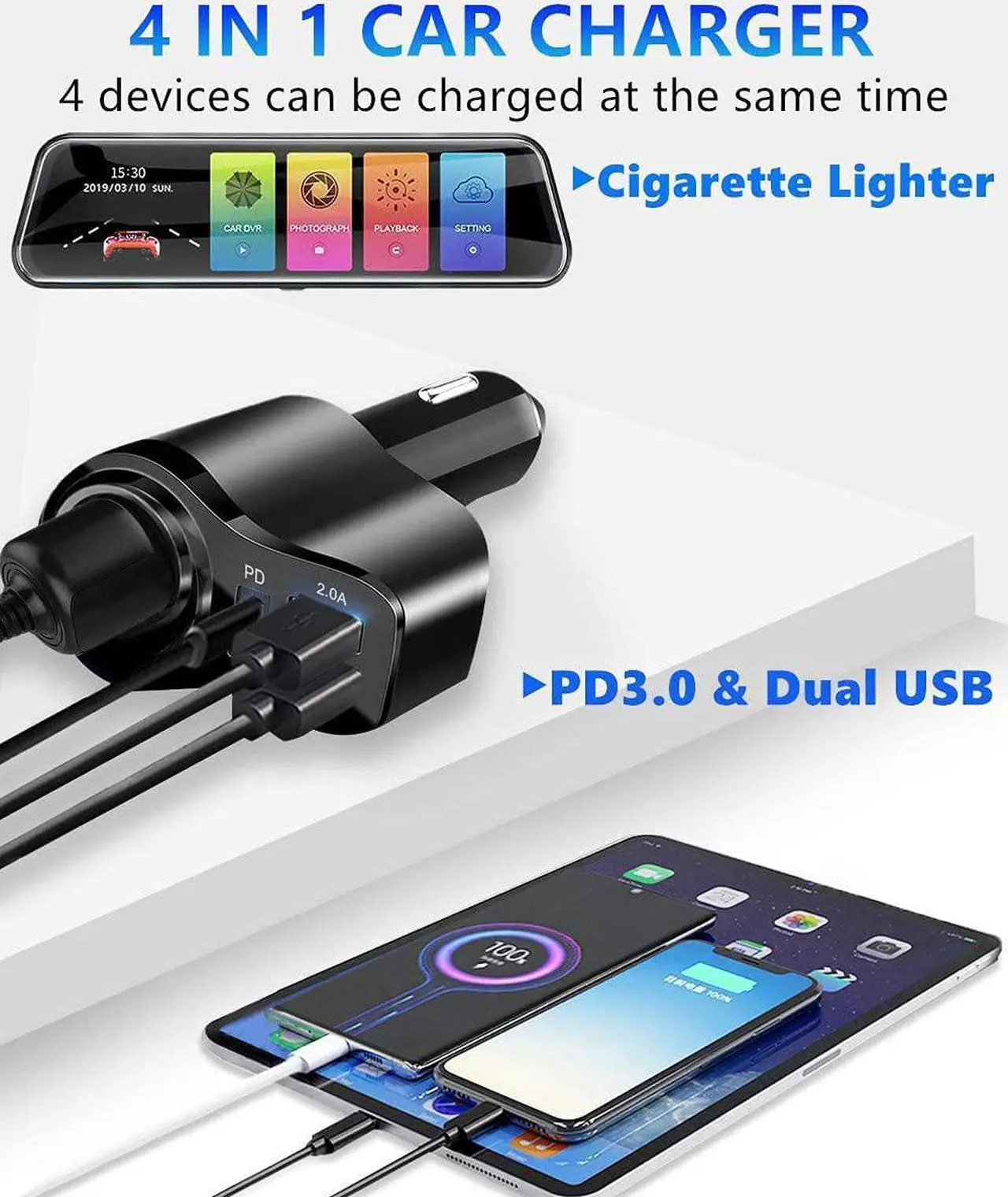 Alt view image 3 of 7 - 4 in 1 USB C Car Charger 168W Multi USB Cigarette Lighter Adapter Socket Splitter with 3 USB Ports 12V/24V Dual USB Type C PD Fast Car Charger Adapter for iPhone 15 Pro Max 14 13 iPad  GPS