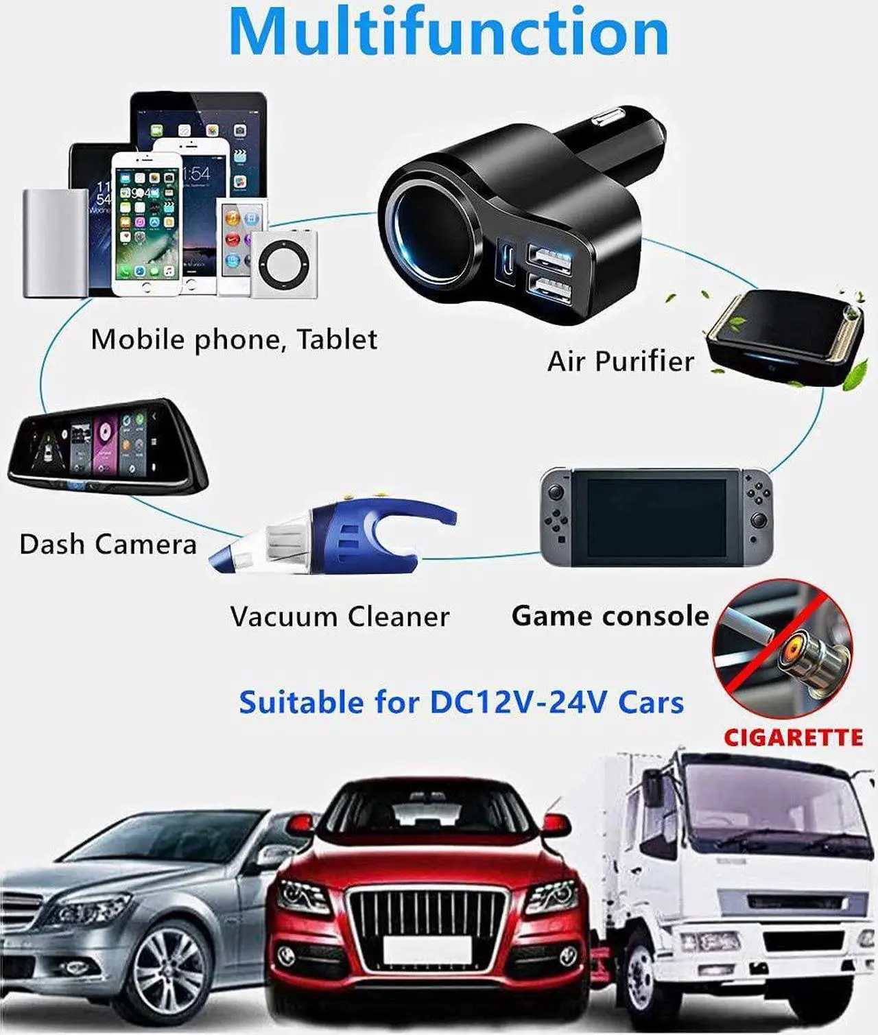 Alt view image 5 of 7 - 4 in 1 USB C Car Charger 168W Multi USB Cigarette Lighter Adapter Socket Splitter with 3 USB Ports 12V/24V Dual USB Type C PD Fast Car Charger Adapter for iPhone 15 Pro Max 14 13 iPad  GPS