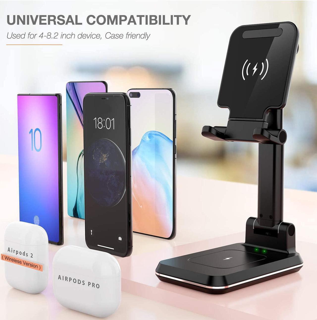 Alt view image 2 of 6 - 2-in-1 Charger Stand,Qi Certified 15W Height Adjustable Wireless Charger Desk Stand,Wireless Charging Station,for iPhone 16/15/14/13/12, AirPods Pro,Samsung S21/S20/S10 (No AC Adapter)
