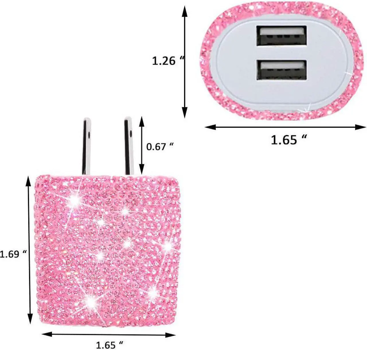 Alt view image 3 of 6 - USB Wall Charger Bling 5V/2.4A 24W Dual Port Fast Charger Plug Cell Phone Block Adapter Pink for iPhone Android Samsung iPad Tablet etc.