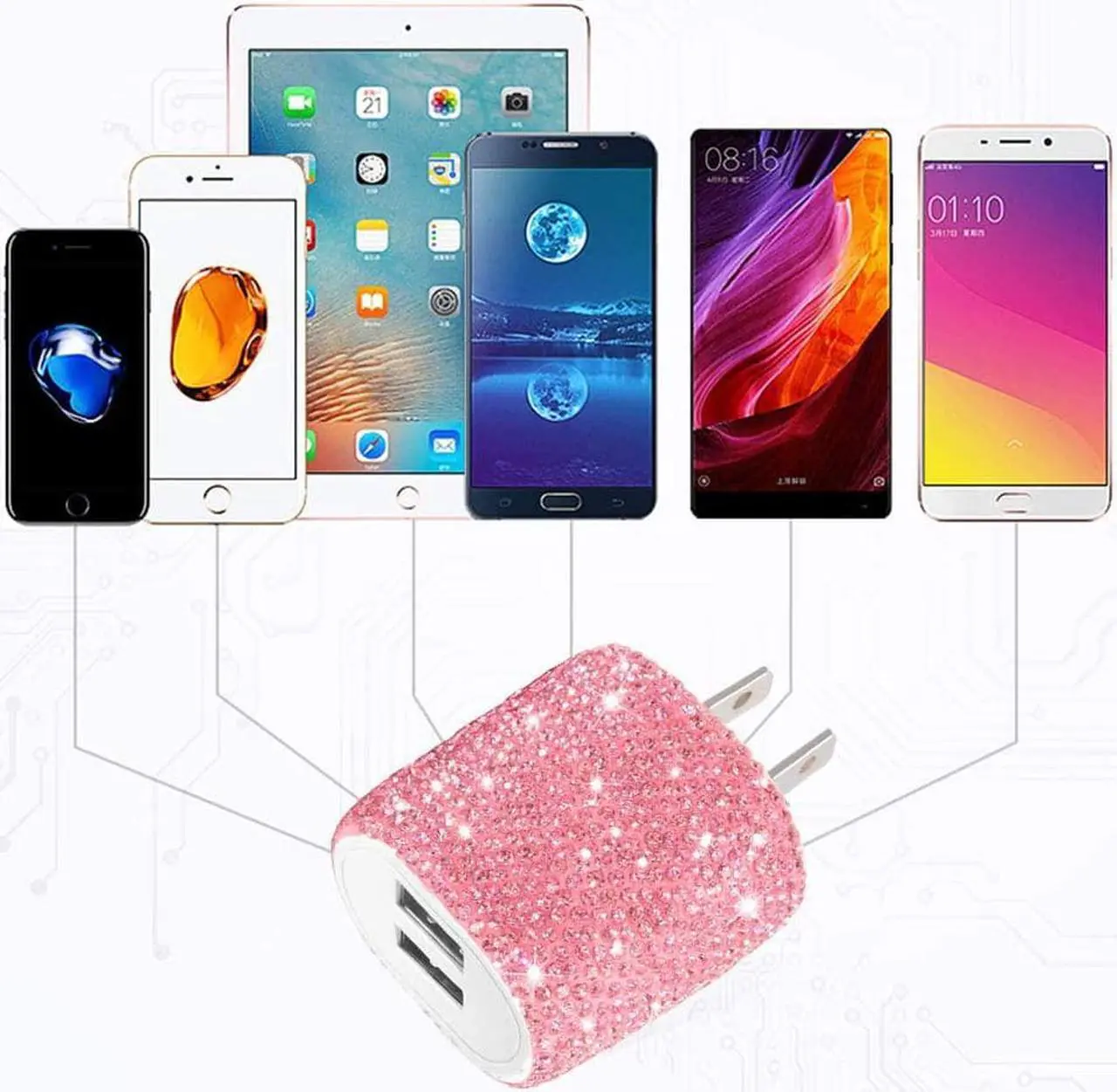 Alt view image 5 of 6 - USB Wall Charger Bling 5V/2.4A 24W Dual Port Fast Charger Plug Cell Phone Block Adapter Pink for iPhone Android Samsung iPad Tablet etc.