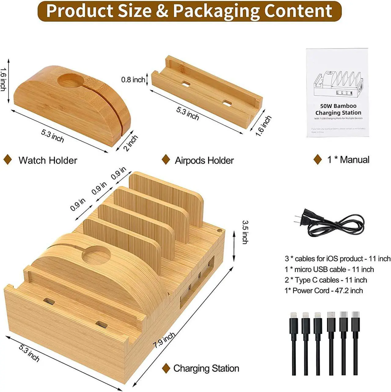 Alt view image 2 of 7 - Bamboo Charging Station for Multiple Devices, Alltripal Wood Desktop Docking Station 7-Port Multi-Charger Organizer Fast USB Charger Compatible with iPhone, iPad, AirPods, iWatch, Cell Phone, Tablet