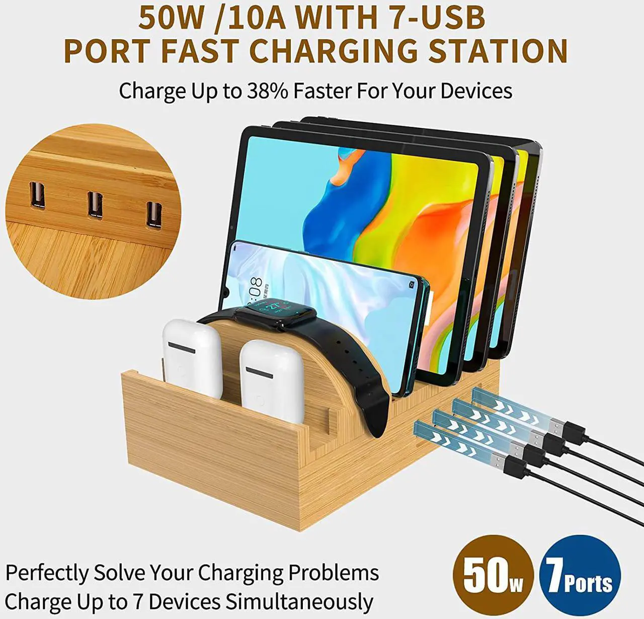 Alt view image 3 of 7 - Bamboo Charging Station for Multiple Devices, Alltripal Wood Desktop Docking Station 7-Port Multi-Charger Organizer Fast USB Charger Compatible with iPhone, iPad, AirPods, iWatch, Cell Phone, Tablet