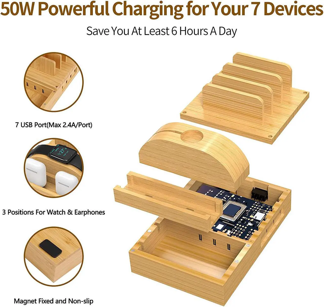 Alt view image 4 of 7 - Bamboo Charging Station for Multiple Devices, Alltripal Wood Desktop Docking Station 7-Port Multi-Charger Organizer Fast USB Charger Compatible with iPhone, iPad, AirPods, iWatch, Cell Phone, Tablet
