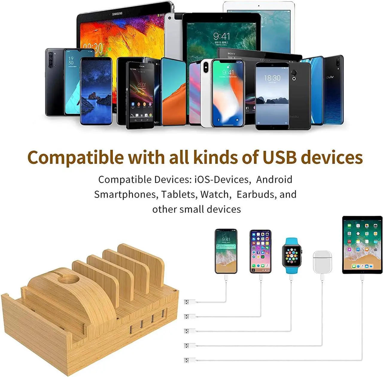 Alt view image 5 of 7 - Bamboo Charging Station for Multiple Devices, Alltripal Wood Desktop Docking Station 7-Port Multi-Charger Organizer Fast USB Charger Compatible with iPhone, iPad, AirPods, iWatch, Cell Phone, Tablet