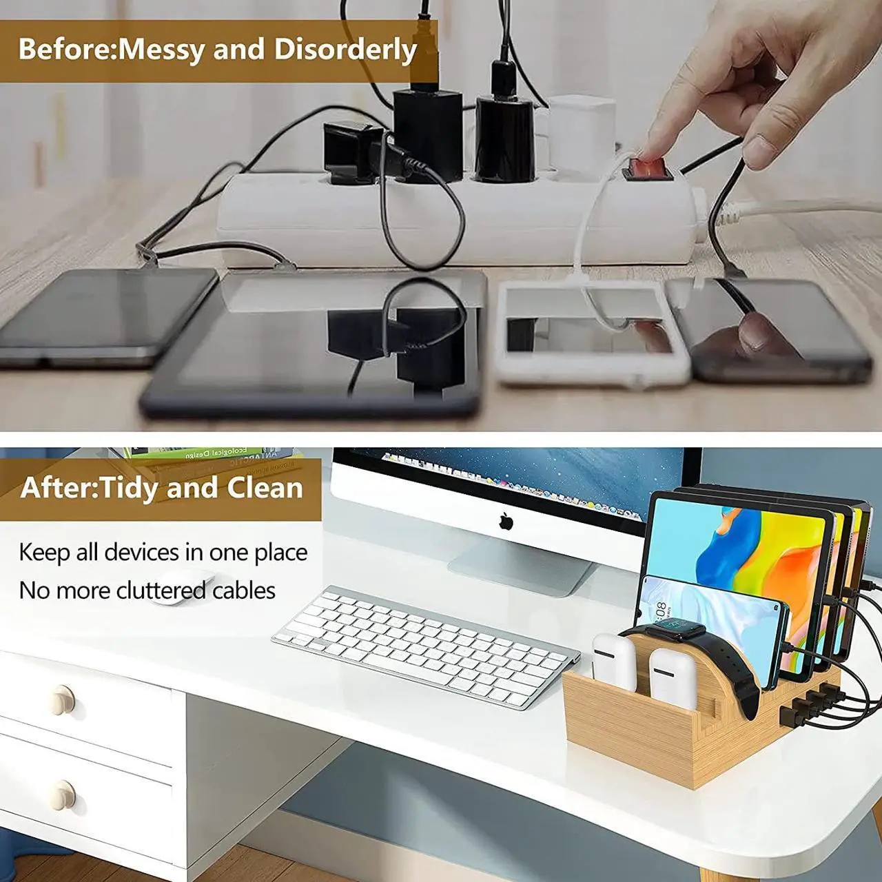 Alt view image 6 of 7 - Bamboo Charging Station for Multiple Devices, Alltripal Wood Desktop Docking Station 7-Port Multi-Charger Organizer Fast USB Charger Compatible with iPhone, iPad, AirPods, iWatch, Cell Phone, Tablet