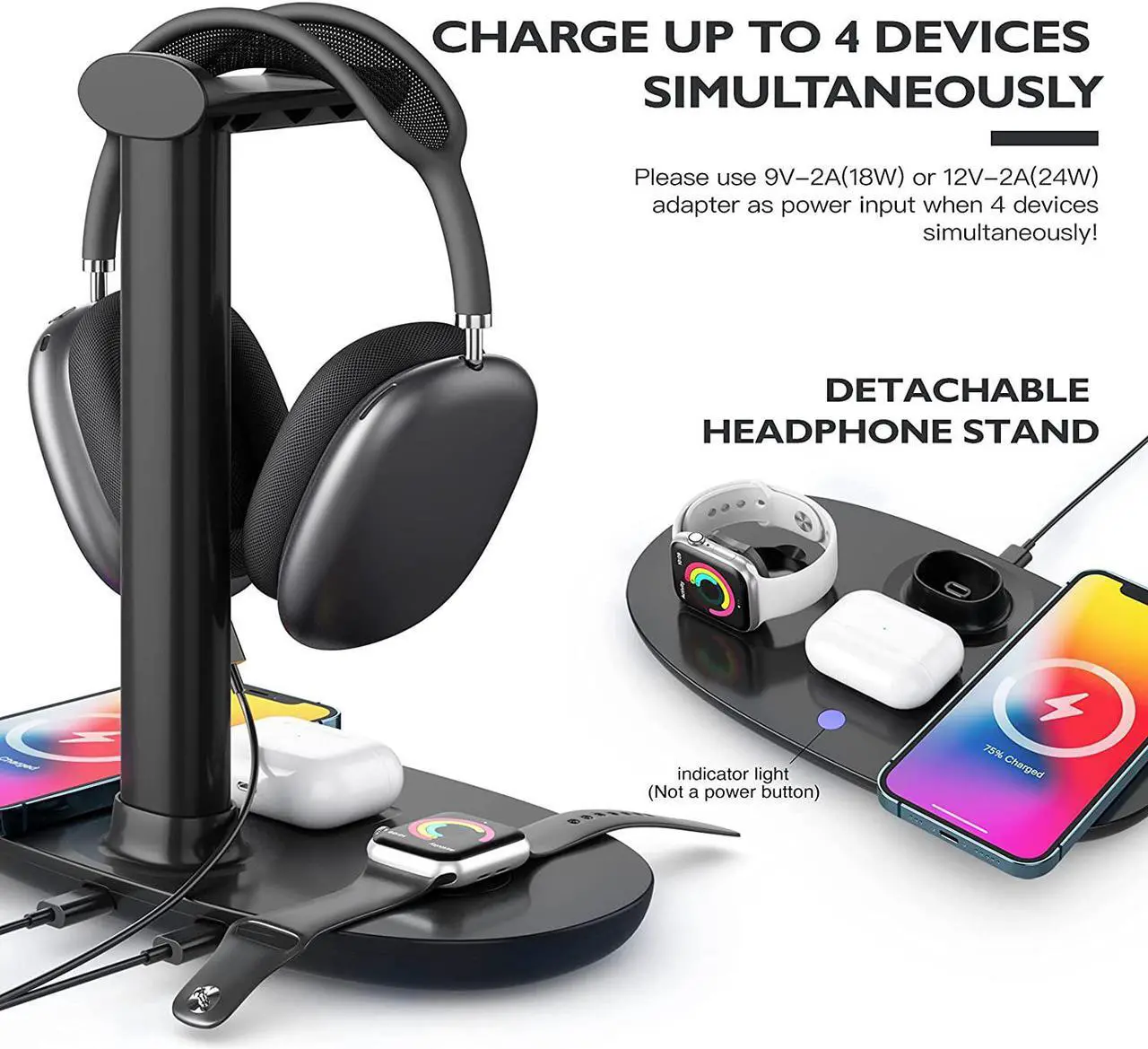 Alt view image 3 of 7 - Headphone Stand with 15w Wireless Charger, Suguder 4 in 1 Qi Charging Station Headset Holder for AirPods Max/Pro/2 iWatch 7/6/5/4/3/2/1/SE iPhone 13/12/11/XS/XR/X/8 Series for Desktop Table Game,Black