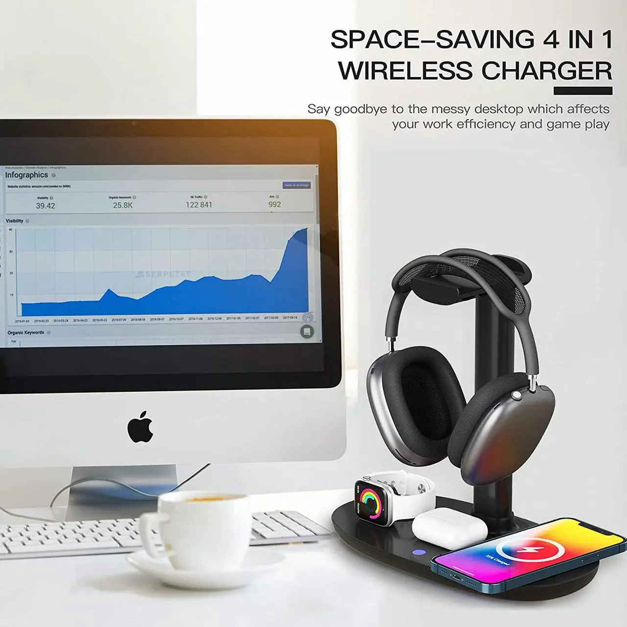 Alt view image 4 of 7 - Headphone Stand with 15w Wireless Charger, Suguder 4 in 1 Qi Charging Station Headset Holder for AirPods Max/Pro/2 iWatch 7/6/5/4/3/2/1/SE iPhone 13/12/11/XS/XR/X/8 Series for Desktop Table Game,Black