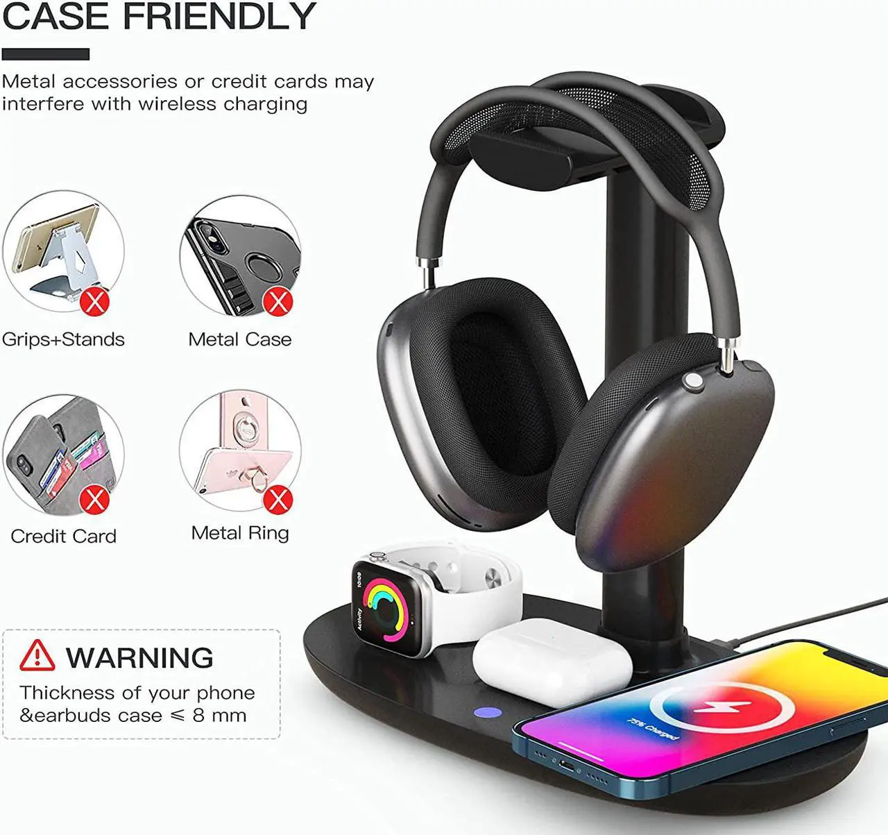 Alt view image 5 of 7 - Headphone Stand with 15w Wireless Charger, Suguder 4 in 1 Qi Charging Station Headset Holder for AirPods Max/Pro/2 iWatch 7/6/5/4/3/2/1/SE iPhone 13/12/11/XS/XR/X/8 Series for Desktop Table Game,Black