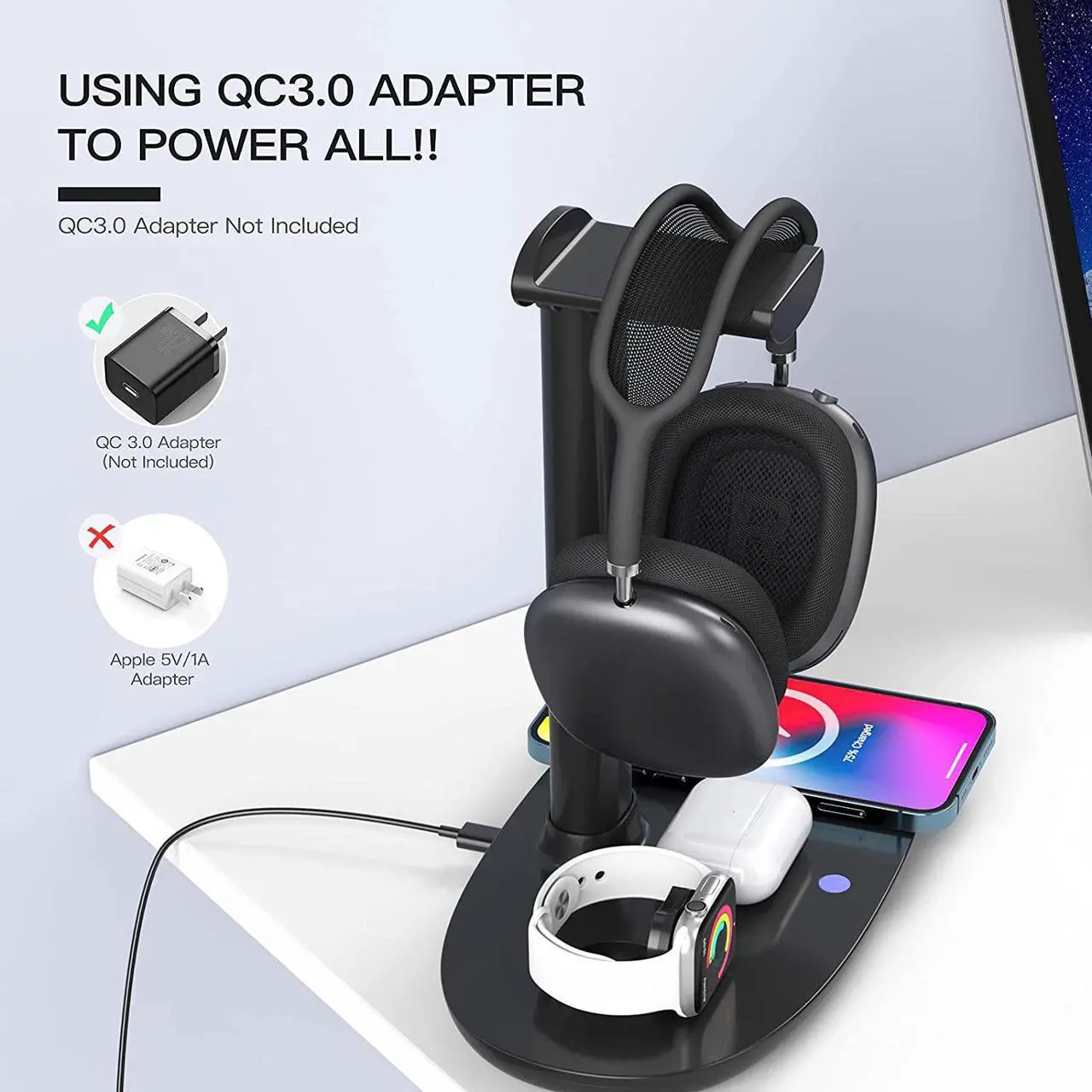 Alt view image 6 of 7 - Headphone Stand with 15w Wireless Charger, Suguder 4 in 1 Qi Charging Station Headset Holder for AirPods Max/Pro/2 iWatch 7/6/5/4/3/2/1/SE iPhone 13/12/11/XS/XR/X/8 Series for Desktop Table Game,Black