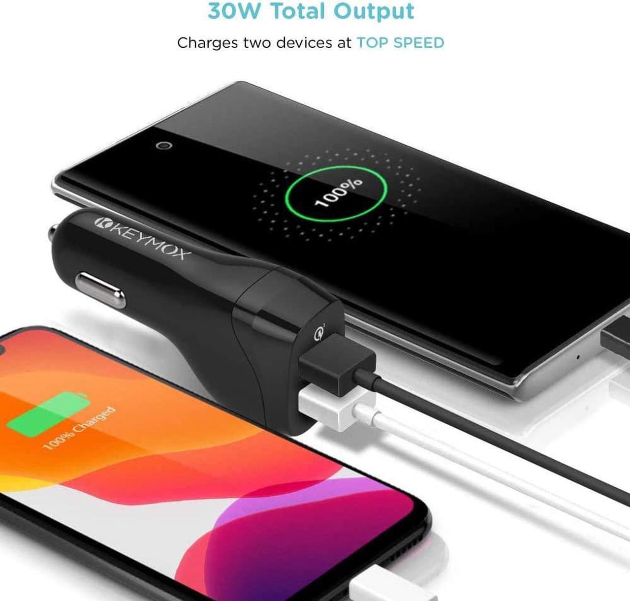 Alt view image 3 of 7 - Fast Charge Car Charger KEYMOX 30W Dual Port with Quick Charge 3.0 USB Cell Phone Car Adapter for iPhone 11 Pro Max  Note10+ / S10 Google Pixel 4 XL iPad AirPods Pro and More-Black