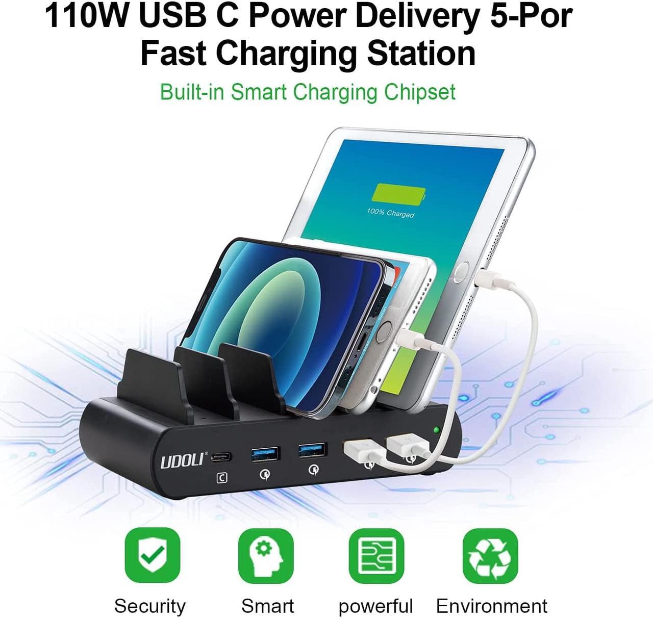 Alt view image 5 of 7 - 110W 5 Ports Fast Charging Station for Multiple Devices 100W Stand Organizer USB Type C Laptop Charger for Apple MacBook Pro Air, Compatible with iPad iPhone & Android Phone Tablet, Black