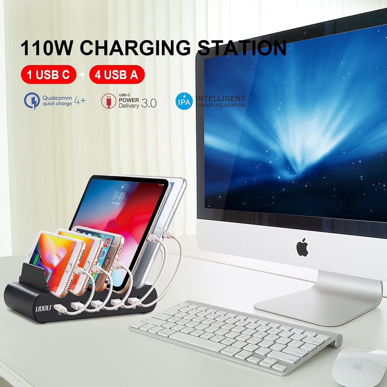 Alt view image 4 of 7 - 110W 5 Ports Fast Charging Station for Multiple Devices 100W Stand Organizer USB Type C Laptop Charger for Apple MacBook Pro Air, Compatible with iPad iPhone & Android Phone Tablet, Black