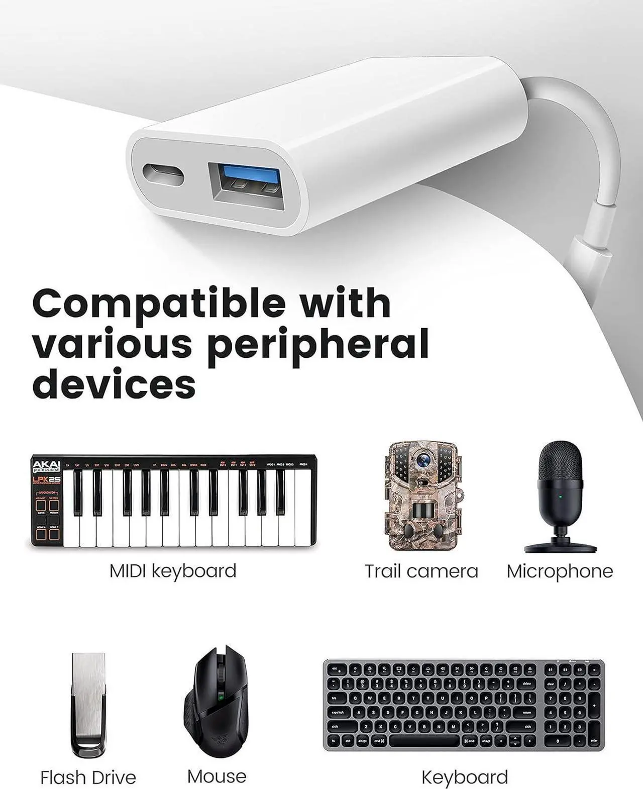 Alt view image 5 of 7 - USB Adapter for iPad/iPhone USB Female Adapter USB OTG Data Sync Cable Supports USB Flash Drives Memory SD Card Readers MIDI Players Mouse Keyboards Plug&Play