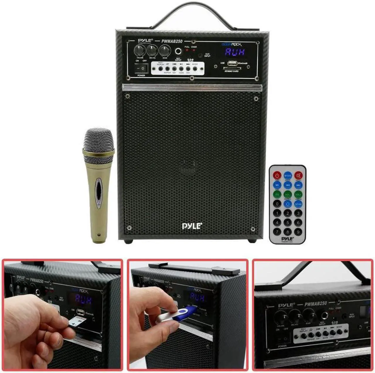 Alt view image 4 of 6 - Pyle 300 Watt Outdoor Indoor Wireless Bluetooth Portable PA Speaker 6.5 inch Subwoofer Sound System with USB SD Card Reader, Rechargeable Battery, Wired Microphone, FM Radio, Remote - PWMAB250BK