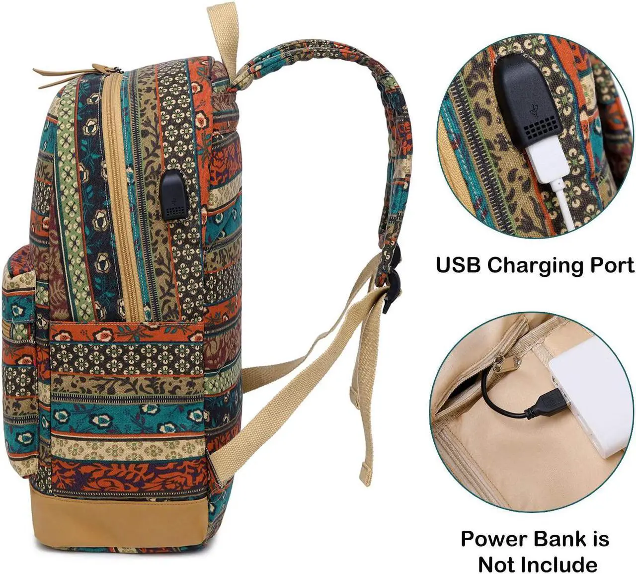 Alt view image 3 of 7 - Bohemian Waterproof Laptop Backpack for Women/Girls, Stylish College School Backpack with USB Charging Port