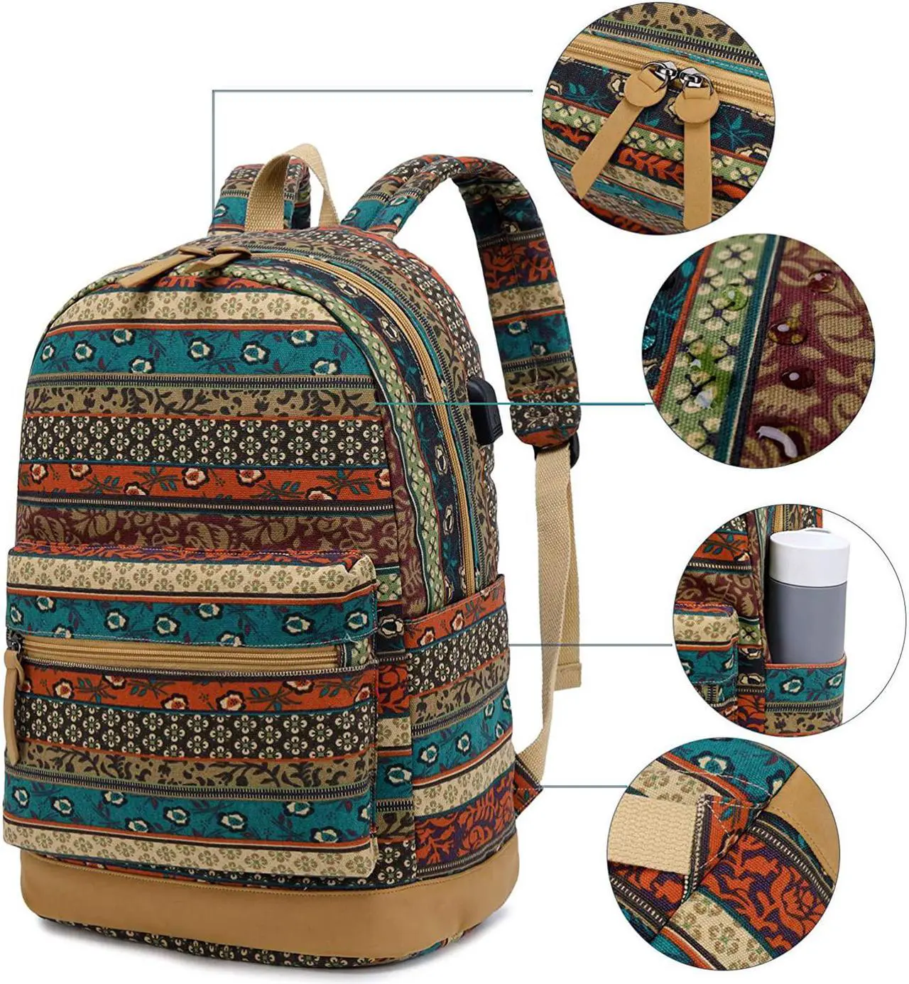 Alt view image 4 of 7 - Bohemian Waterproof Laptop Backpack for Women/Girls, Stylish College School Backpack with USB Charging Port