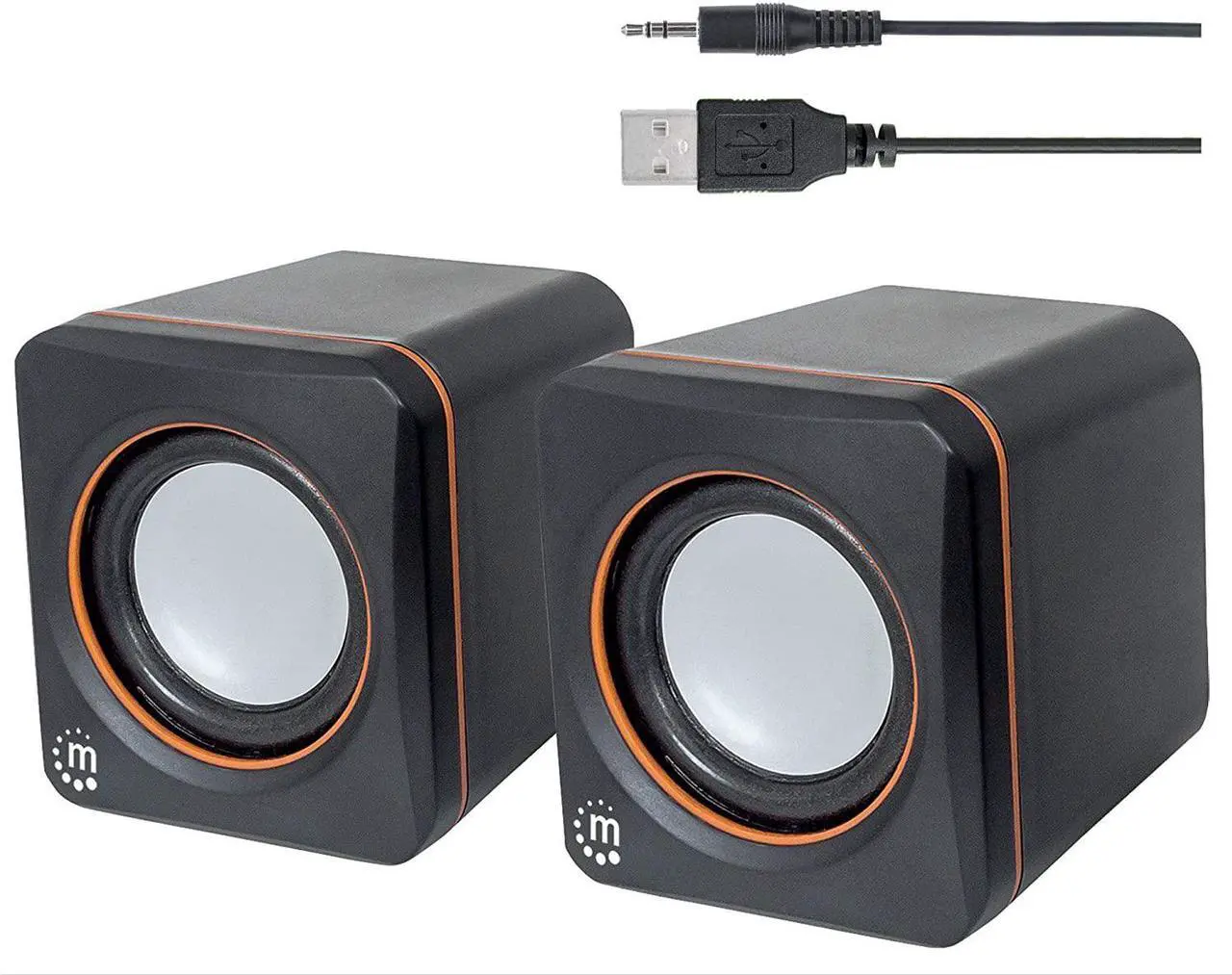 Main image of USB Powered Stereo Speaker System - Small Size - with Volume Control & 3.5 mm Aux Audio Plug to Connect to Laptop, Notebook, Desktop, Computer - 3 Yr Mfg Warranty - Black Orange, 161435