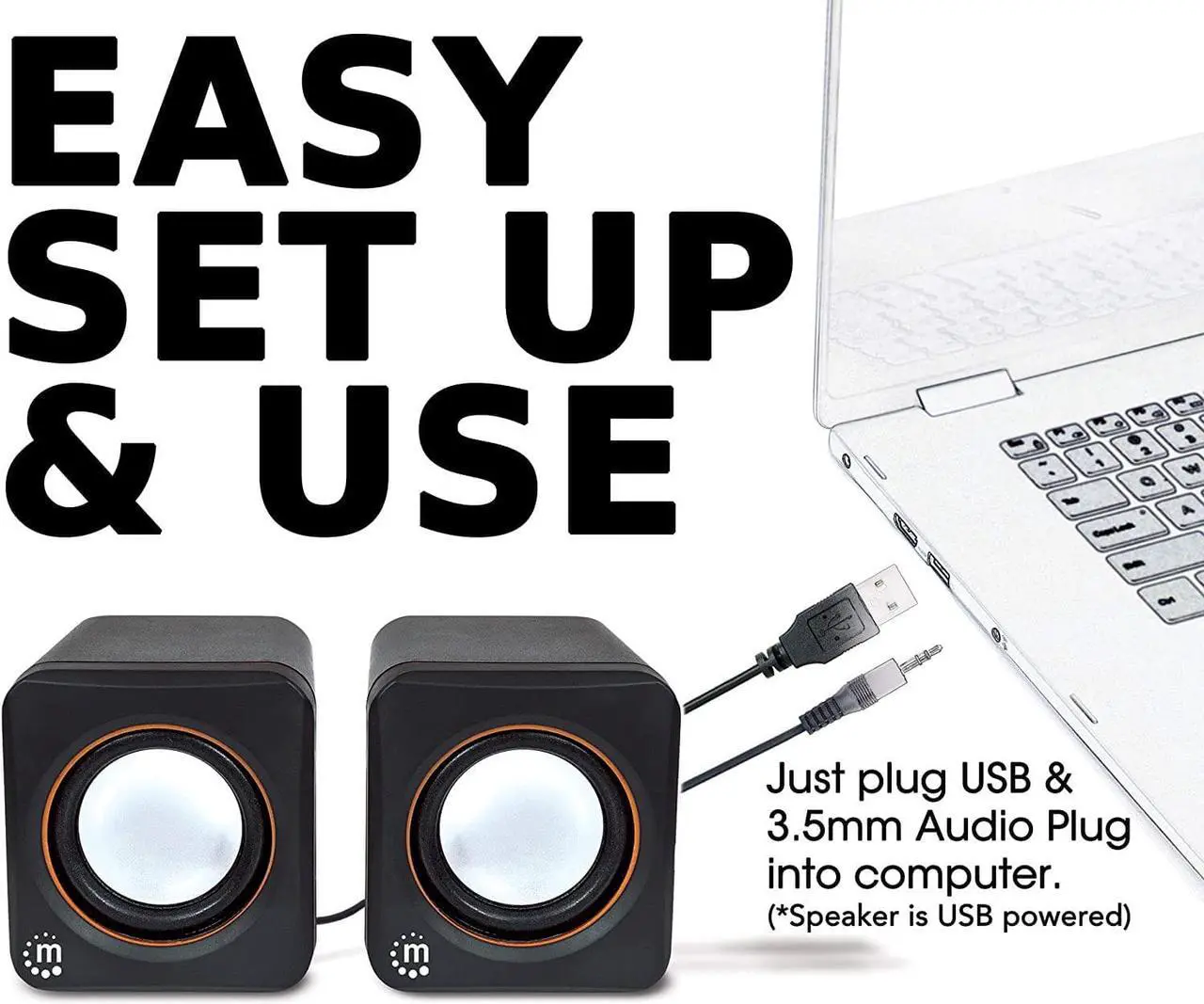 Alt view image 3 of 6 - USB Powered Stereo Speaker System - Small Size - with Volume Control & 3.5 mm Aux Audio Plug to Connect to Laptop, Notebook, Desktop, Computer - 3 Yr Mfg Warranty - Black Orange, 161435