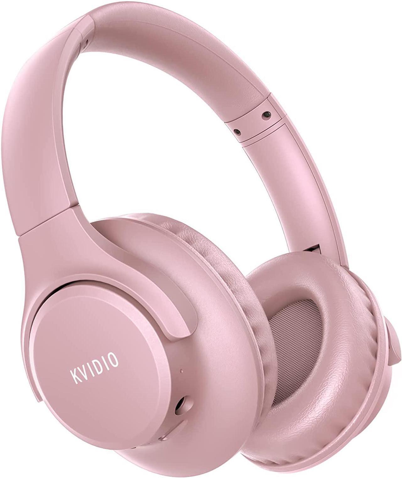 Bluetooth Headphones Over Ear,KVIDIO 55 Hours Playtime Wireless Headphones with Microphone,Foldable Lightweight Headset with Deep Bass,HiFi Stereo Sound for Travel Work Laptop PC Cellphone (Pink)