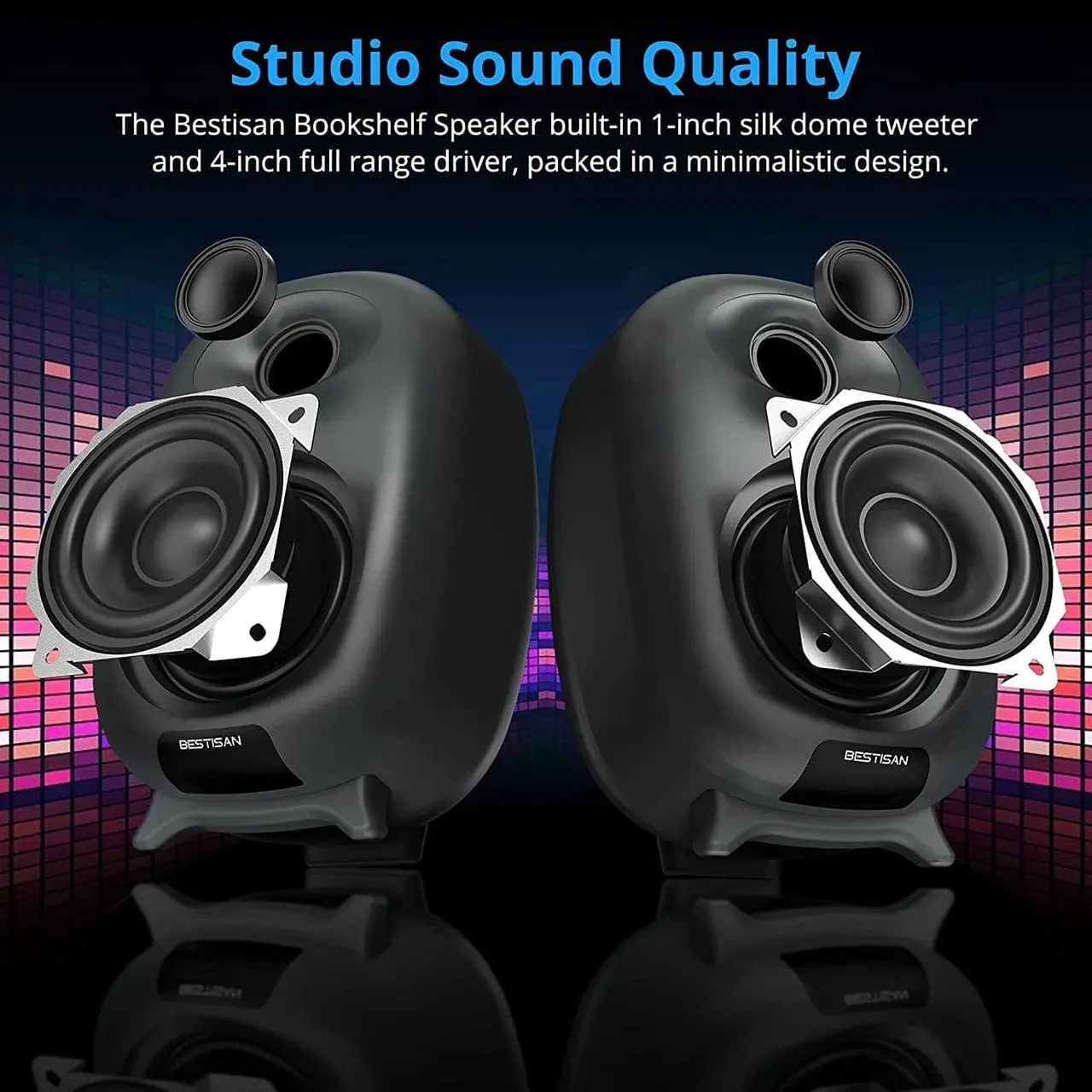 Alt view image 2 of 7 - BESTISAN Bookshelf Speakers, Powered Bluetooth Wireless Bookshelf Speaker with Optical Input -3Inch Near Field Speaker and Silk Dome Tweeter, Three Equalizer Mode for TV, Metal Grey