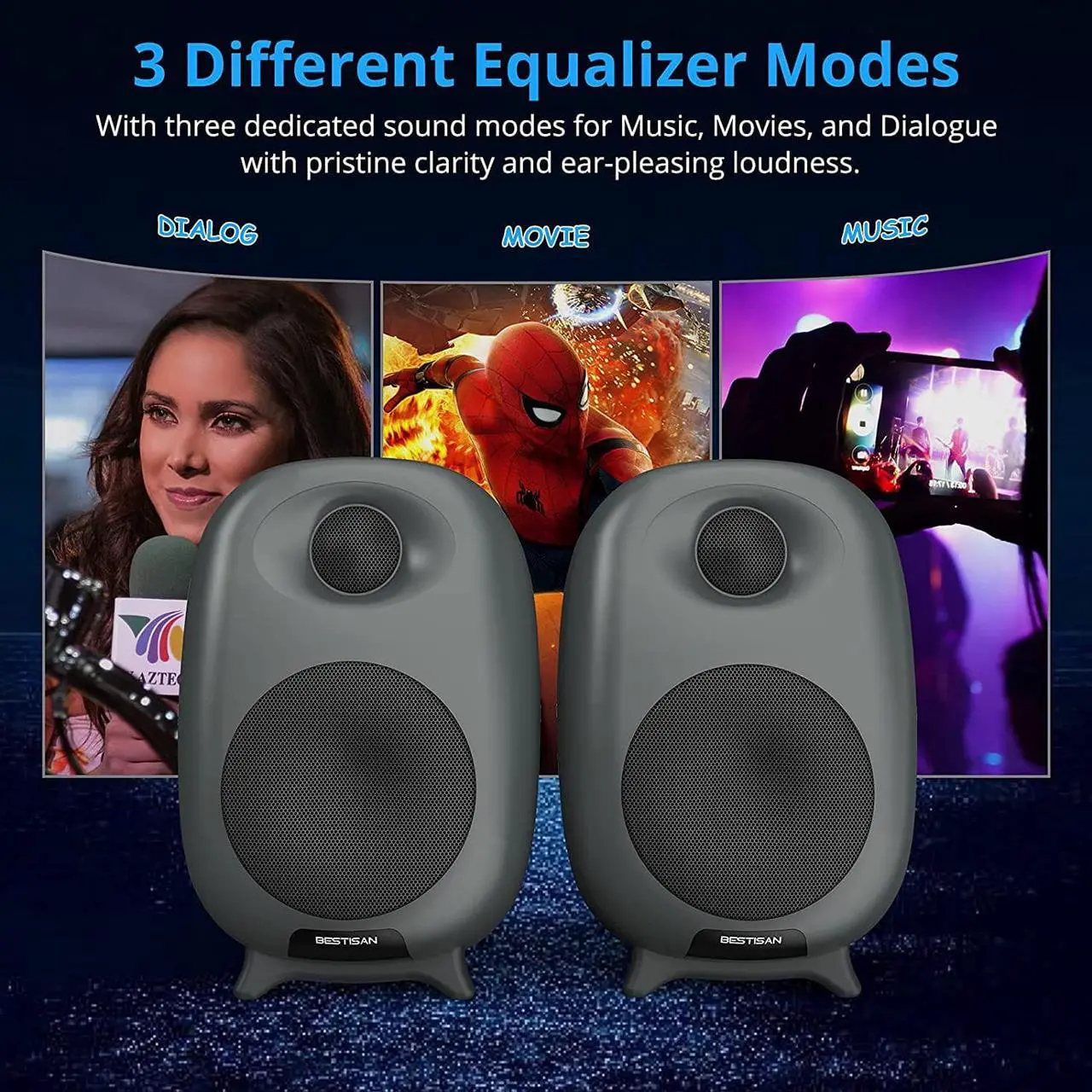 Alt view image 4 of 7 - BESTISAN Bookshelf Speakers, Powered Bluetooth Wireless Bookshelf Speaker with Optical Input -3Inch Near Field Speaker and Silk Dome Tweeter, Three Equalizer Mode for TV, Metal Grey