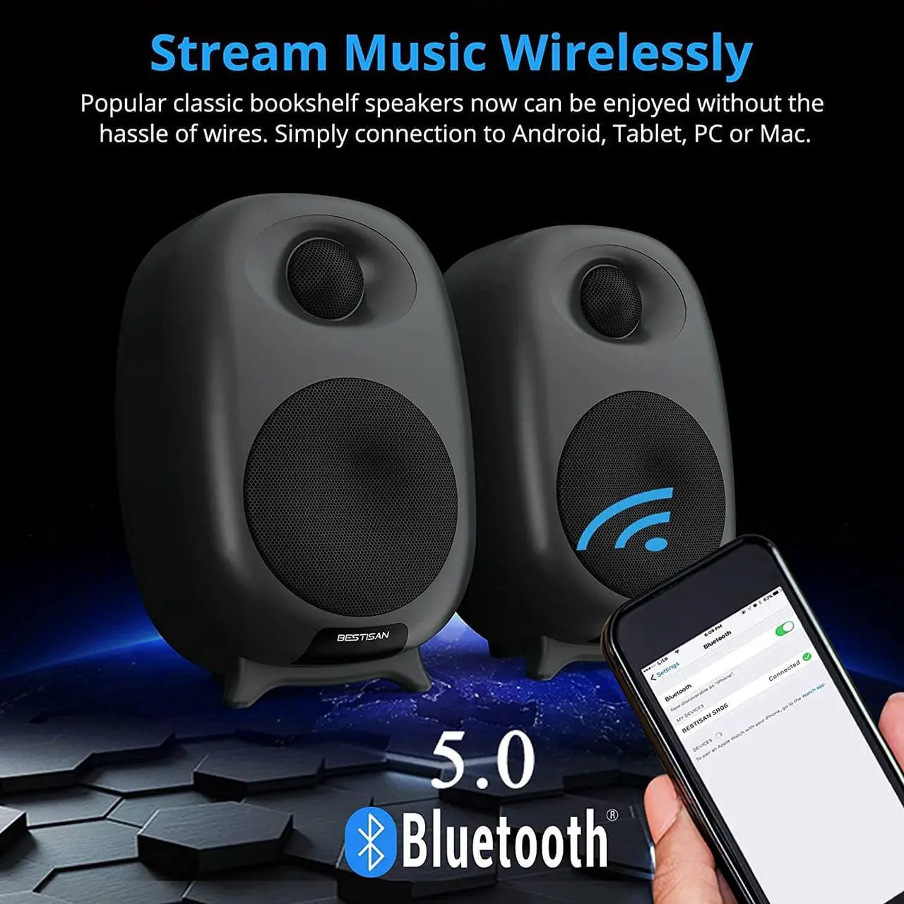 Alt view image 3 of 7 - BESTISAN Bookshelf Speakers, Powered Bluetooth Wireless Bookshelf Speaker with Optical Input -3Inch Near Field Speaker and Silk Dome Tweeter, Three Equalizer Mode for TV, Metal Grey