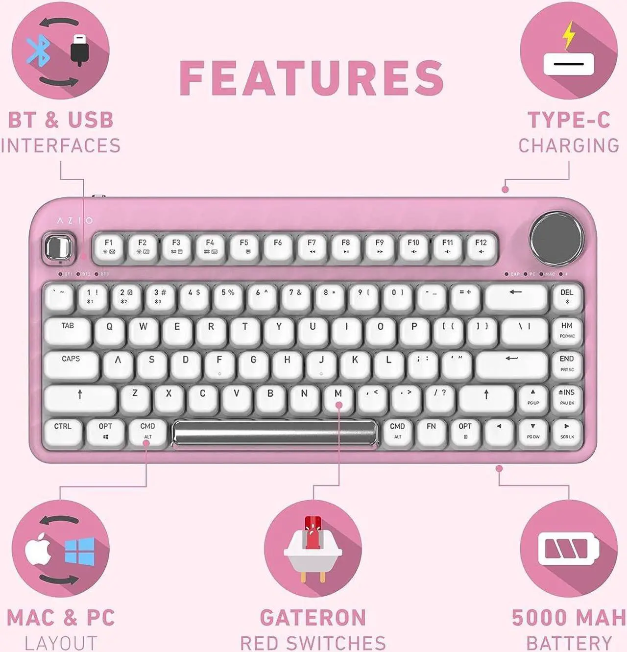 Alt view image 9 of 12 - Azio IK408 IZO Wireless BT5/USB PC & Mac Mechanical Keyboard, Pre-Lubed Red Switches, Pink Blossom