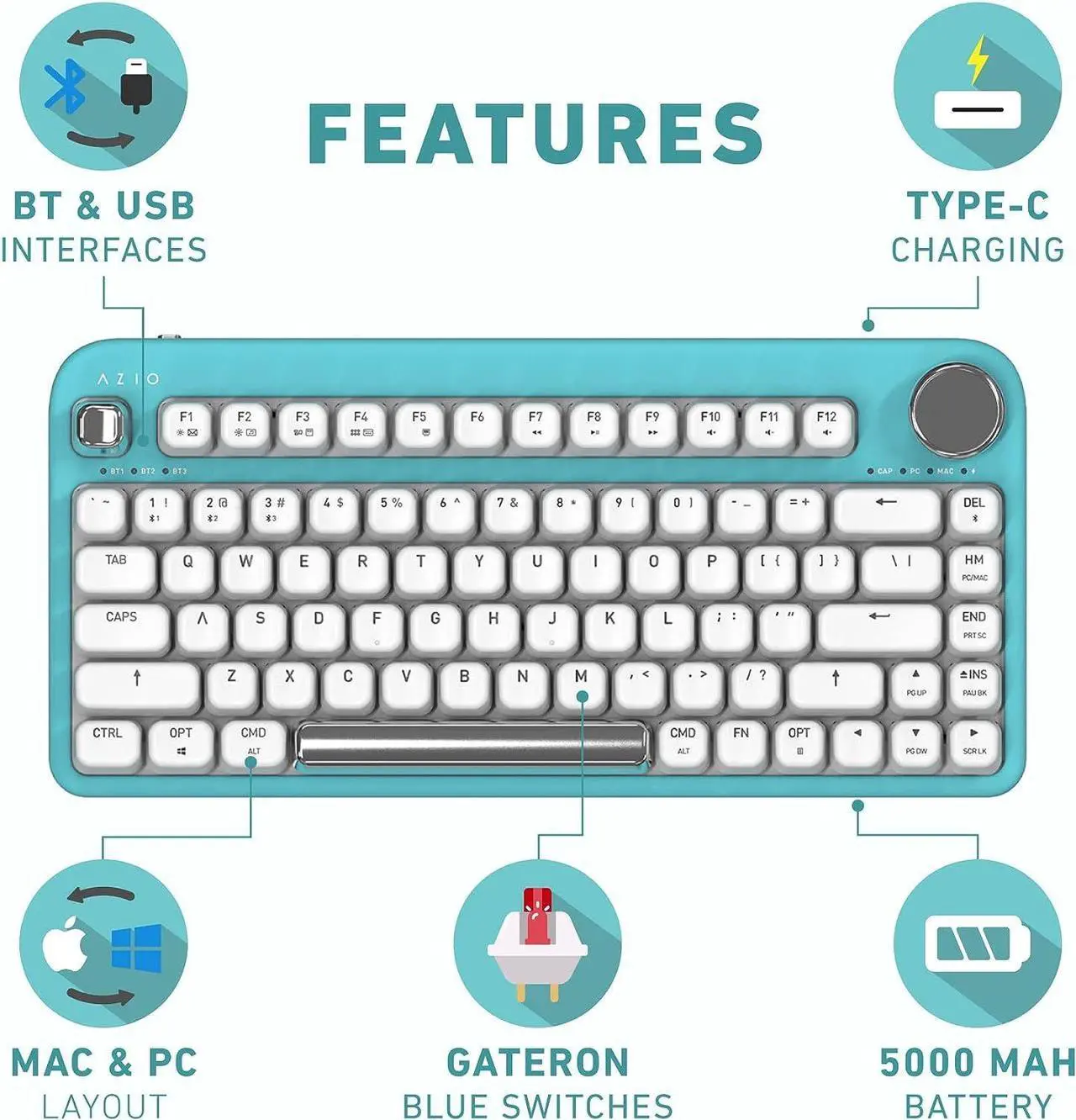 Alt view image 9 of 12 - Azio IK409 IZO Wireless BT5/USB PC & Mac Mechanical Keyboard, Pre-Lubed Red Switches, Mint Daisy