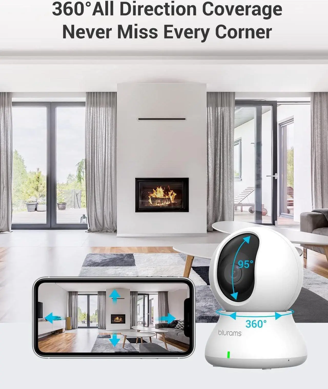 Alt view image 3 of 7 - blurams Security Camera, 2K Indoor Camera 360° Pet Camera for Home Security w/Motion Tracking, Phone App, 2-Way Audio, IR Night Vision, Siren, Works with Alexa & Google Assistant(2.4GHz ONLY)