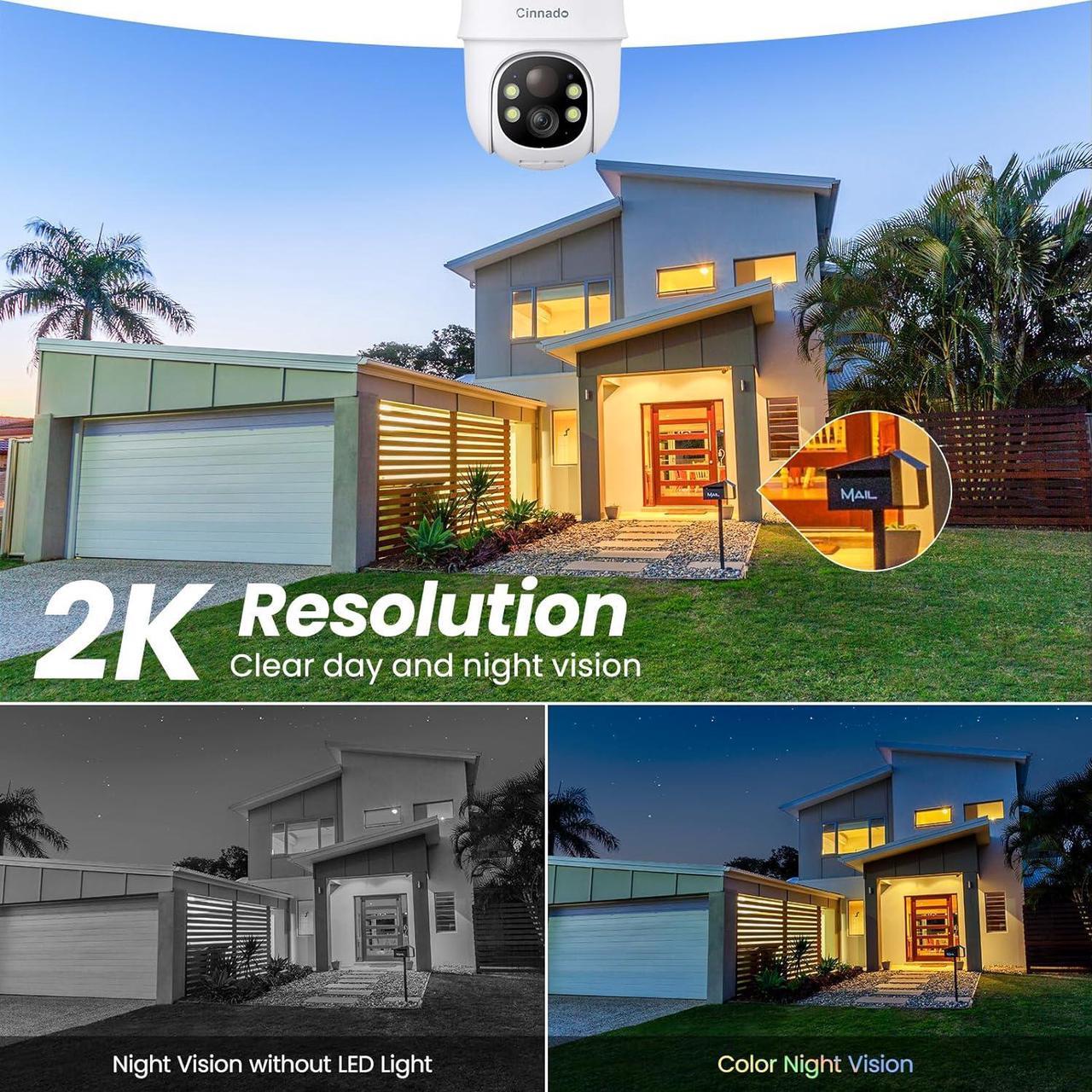 Alt view image 4 of 7 - 2K Cameras for Home Security-2.4G WiFi Outdoor Camera Wireless Solar/Battery Powered, 360° Viewing, Human Detection, Color Night Vision, Cloud/SD Storage, Works with Alexa/Google Home(2 Pack)