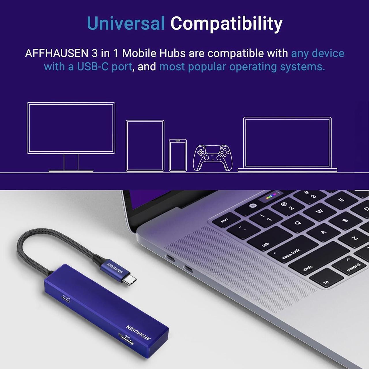 Alt view image 5 of 6 - HM02 3-in-1 USB C Hub Multiport Adapter, with USB-A 5 Gbps Data Port, USB-C 100W Power Delivery, 4K UHD HDMI @ 60Hz - Ideal for iPhone 15, iPad Pro, MacBook Pro, XPS, Lenovo, Mobiles
