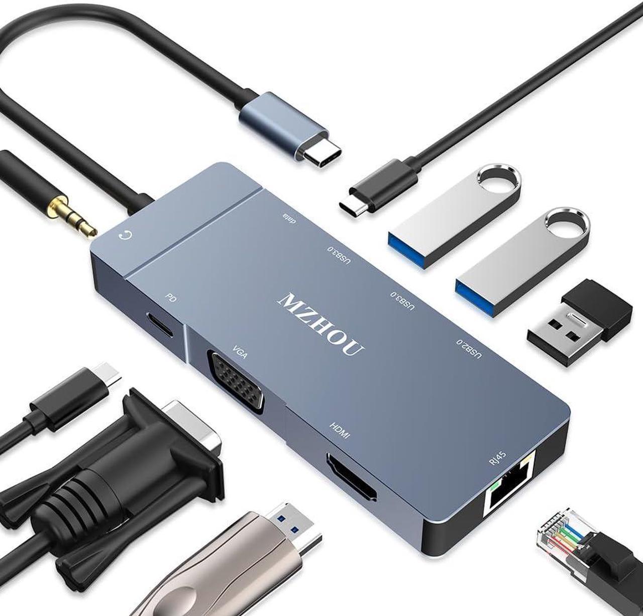 MZHOU Hub USB C, adaptador 9 en 1 tipo C a VGA HDMI RJ45 Gigabit USB3.0 2.0 PD C Puerto datos 3.5 Audio Compatible con MacBook Pro Air y más dispositivos tipo C