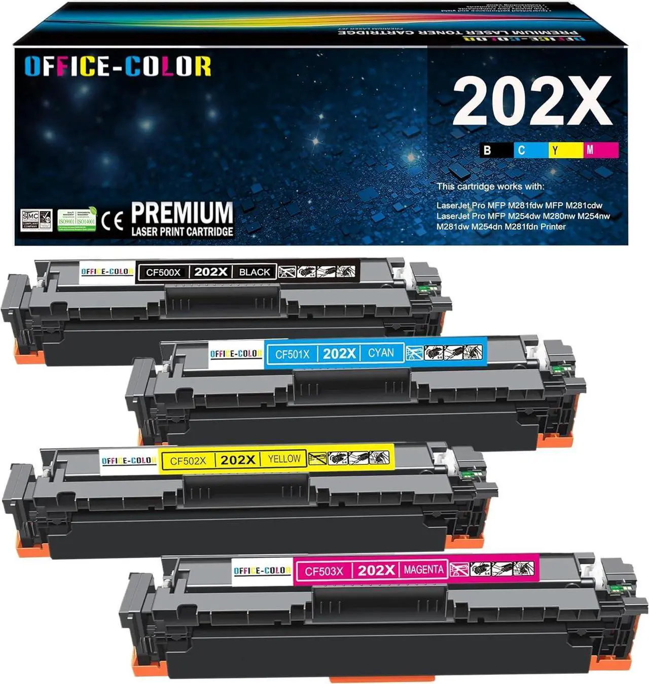 Main image of 202X Toner Cartridges Set Replacement  202X Works with HP Color Laserjet Pro MFP M281fdw Toner, M281cdw M254dw M281fdn M254dn M254nw M281 M254 Toner Printer (Black,Cyan,Magenta,Yellow)
