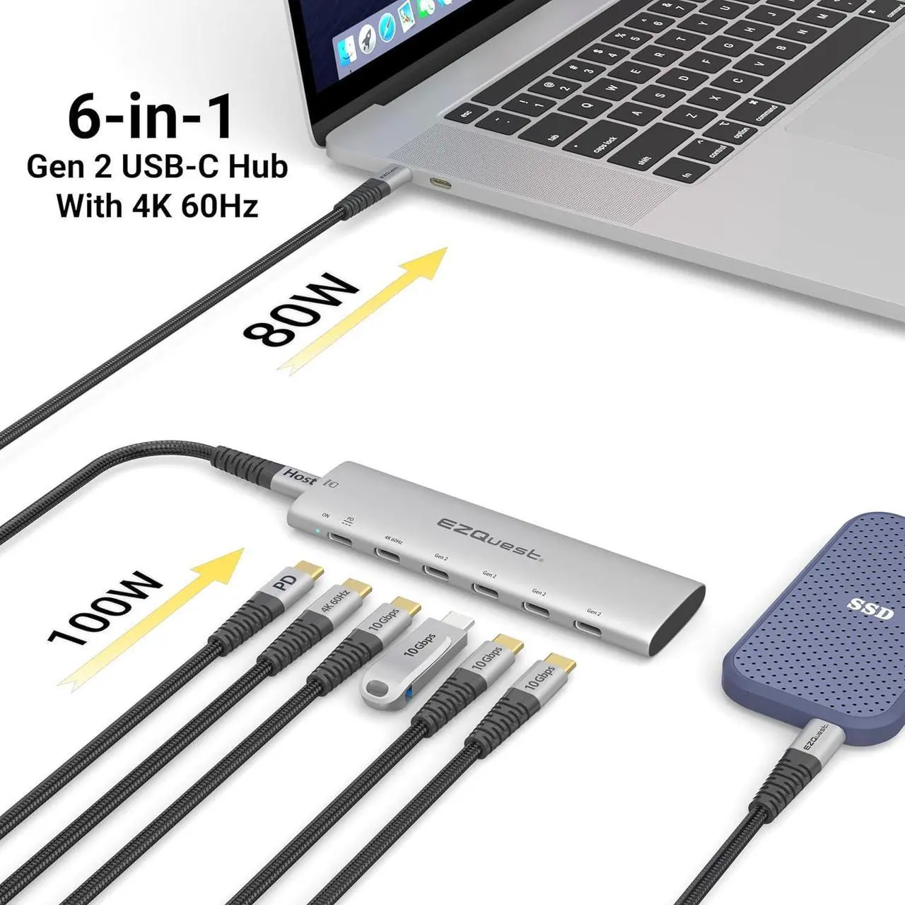 Alt view image 6 of 7 - USB-C Slim Gen 2 Hub Adapter 6-in-1 1 USB-C 4K/60Hz Video, 4 USB-C Gen 2 10Gbps, and 1 USB-C Power Delivery 3.0