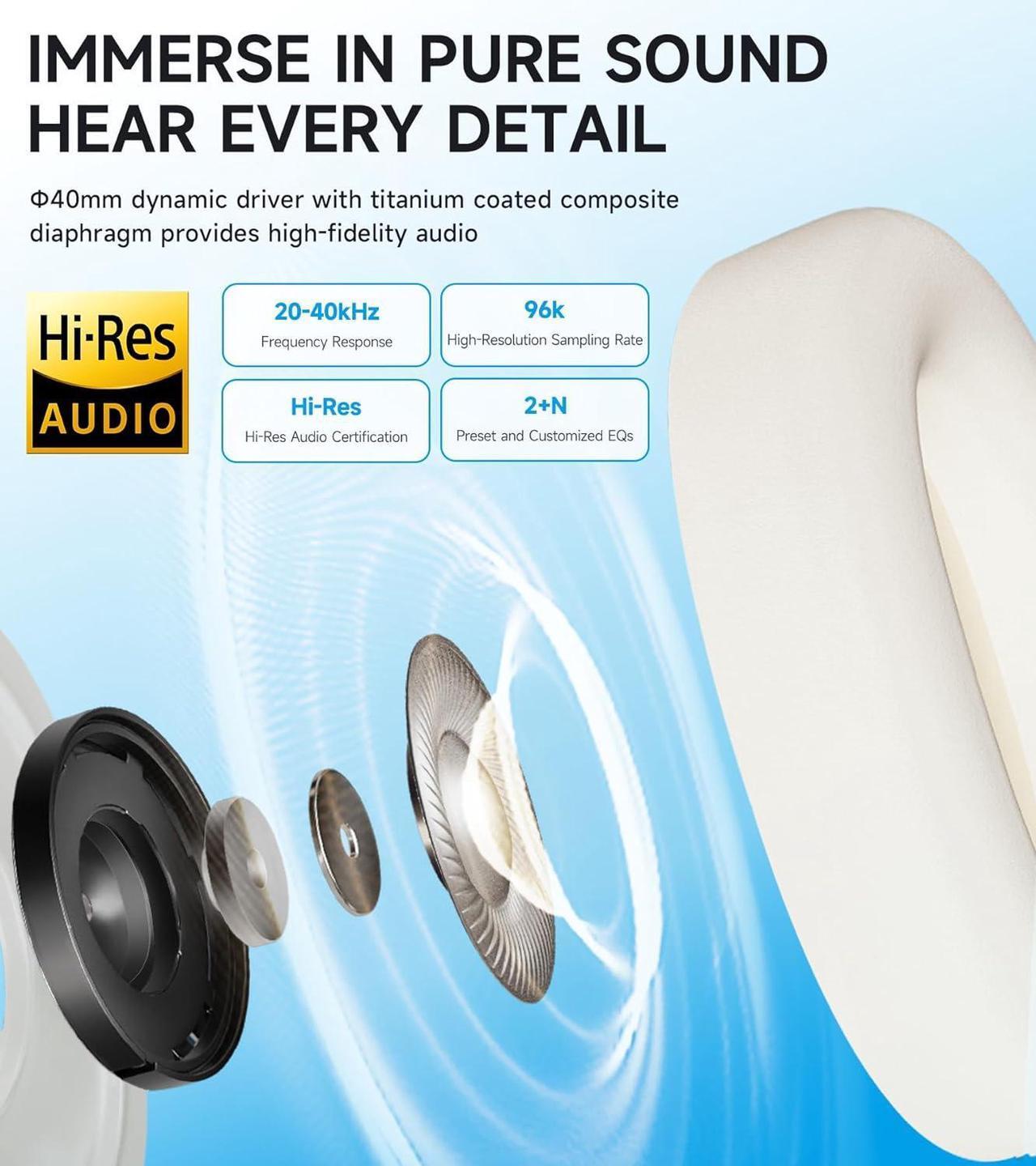 Alt view image 3 of 7 - W800BT Pro Hybrid Active Noise Cancelling Headphones - Hi-Res Audio - AI Call Noise Cancellation - 45H Playtime - Fast Charging - Foldable - Wireless Over-Ear Bluetooth 5.4 Headphones - Black