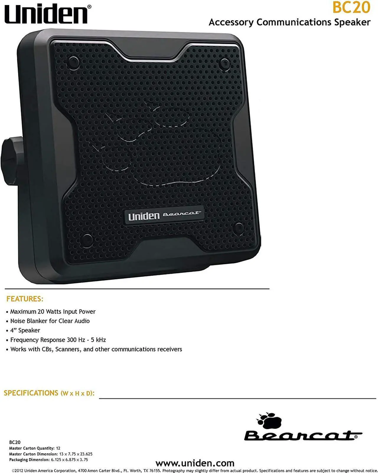 Alt view image 2 of 5 - Uniden (BC20) Bearcat 20-Watt External Communications Speaker. Durable Rugged Design, Perfect for Amplifying Uniden Scanners, CB Radios, and Other Communications Receivers