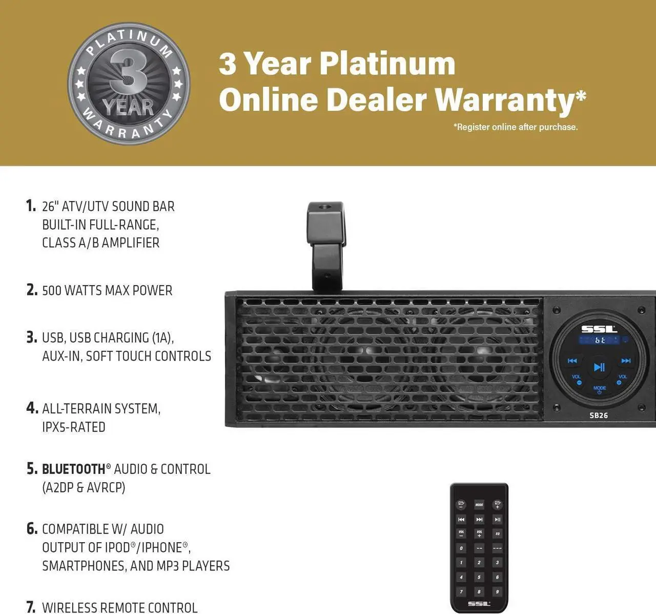 Alt view image 2 of 6 - Weatherproof 26 Inch Class A B Portable Audio System Bluetooth MP3 Smartphone Sound Bar Speaker with Wireless Remote and ATV UTV Clamps