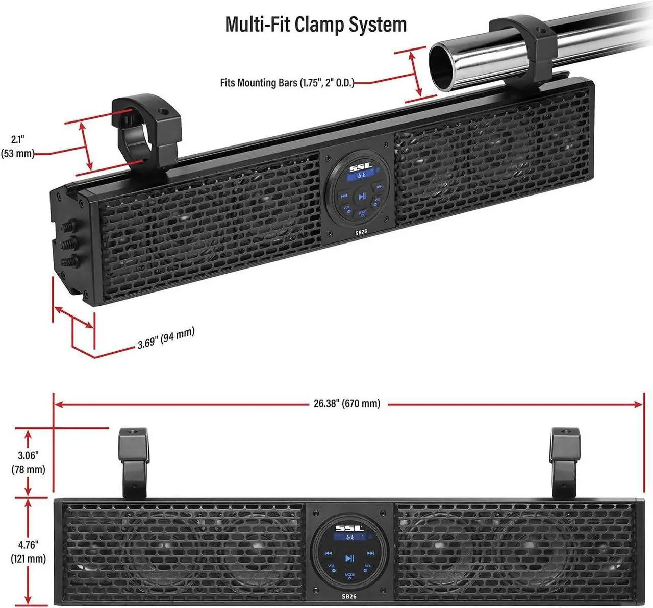 Alt view image 4 of 6 - Weatherproof 26 Inch Class A B Portable Audio System Bluetooth MP3 Smartphone Sound Bar Speaker with Wireless Remote and ATV UTV Clamps