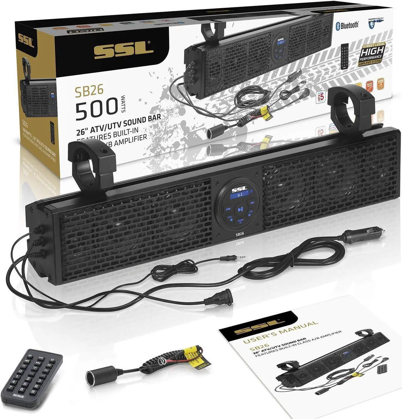 Alt view image 6 of 6 - Weatherproof 26 Inch Class A B Portable Audio System Bluetooth MP3 Smartphone Sound Bar Speaker with Wireless Remote and ATV UTV Clamps