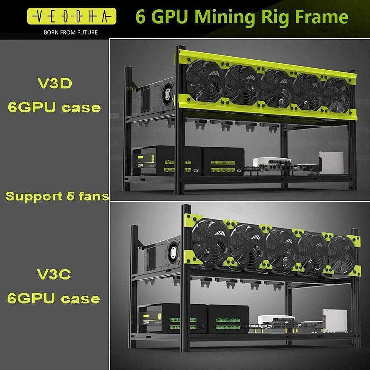 Alt view image 5 of 7 - HLL,Veddha 68 GPU Aluminum Stackable Mining Rig Open Air Frame Case Miner BTC ETH (V3D-6GPU+5FANS)