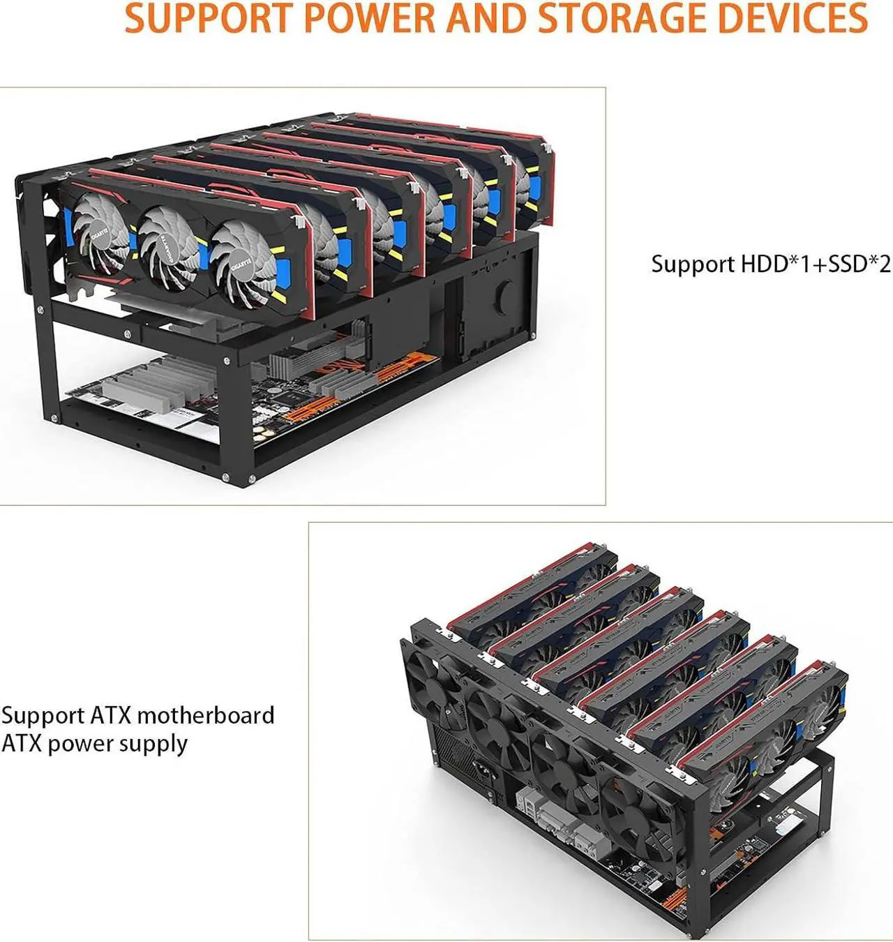 Alt view image 6 of 7 - Mining Rig Frame, Steel Open Air Miner Mining Frame Rig Case Support Long and Short Size GPU, Support HDD*1+SSD*2, Mining Case for ETH ETC