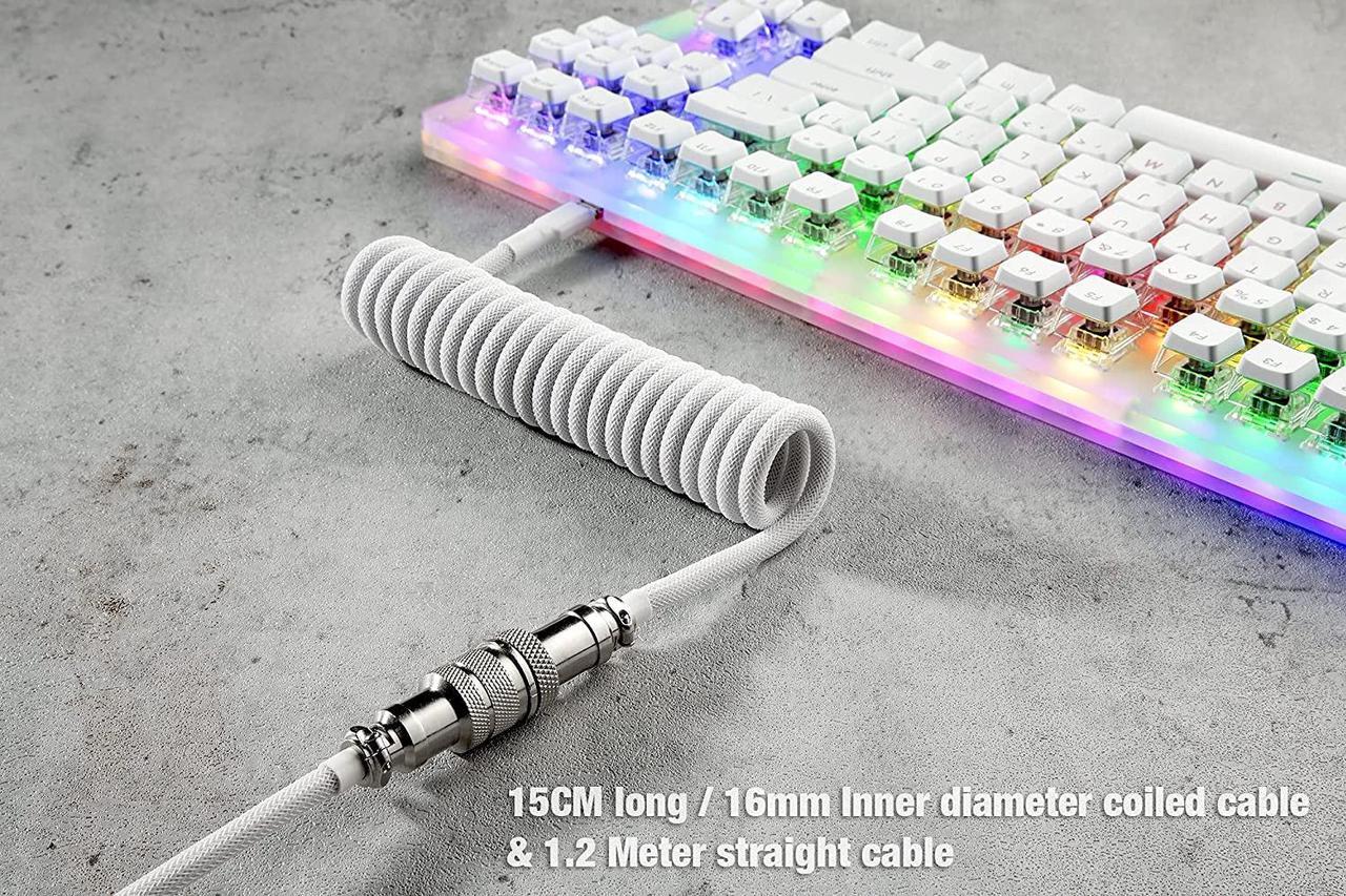 Alt view image 4 of 6 - GunMjo Pro Custom Coiled USB C Cable for Gaming Keyboard, Double-Sleeved Mechanical Keyboard Cable with Detachable Metal Aviator, 1.5M USB-C to USB-A, White Color