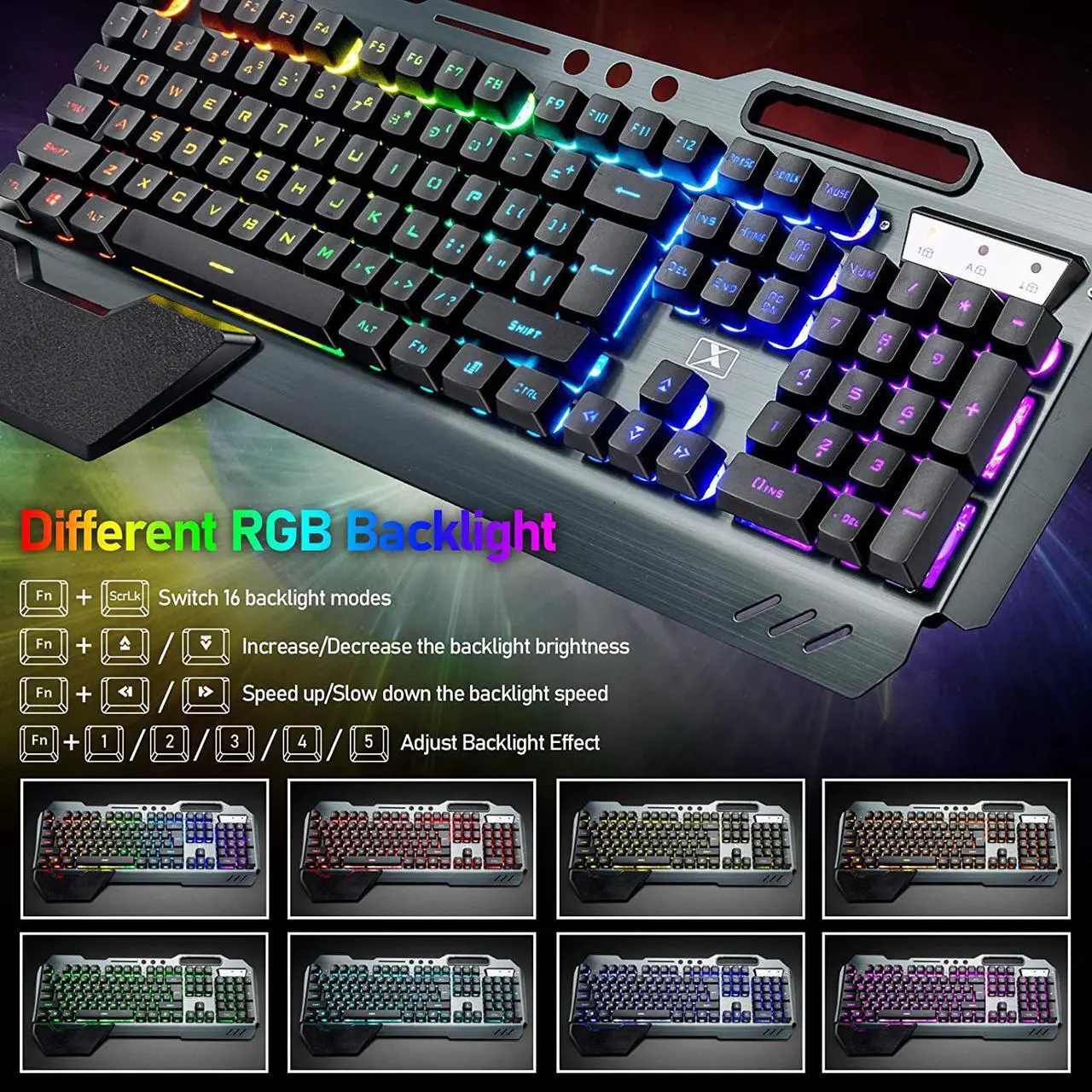 Alt view image 4 of 7 - Wireless Gaming Keyboard and Mouse with Rainbow LED 16RGB Backlit Rechargeable 4800mAh Battery Metal Panel Mechanical Ergonomic Feel Waterproof Dustproof 7 Color Mute Mice for Laptop PC Gamer(Black)